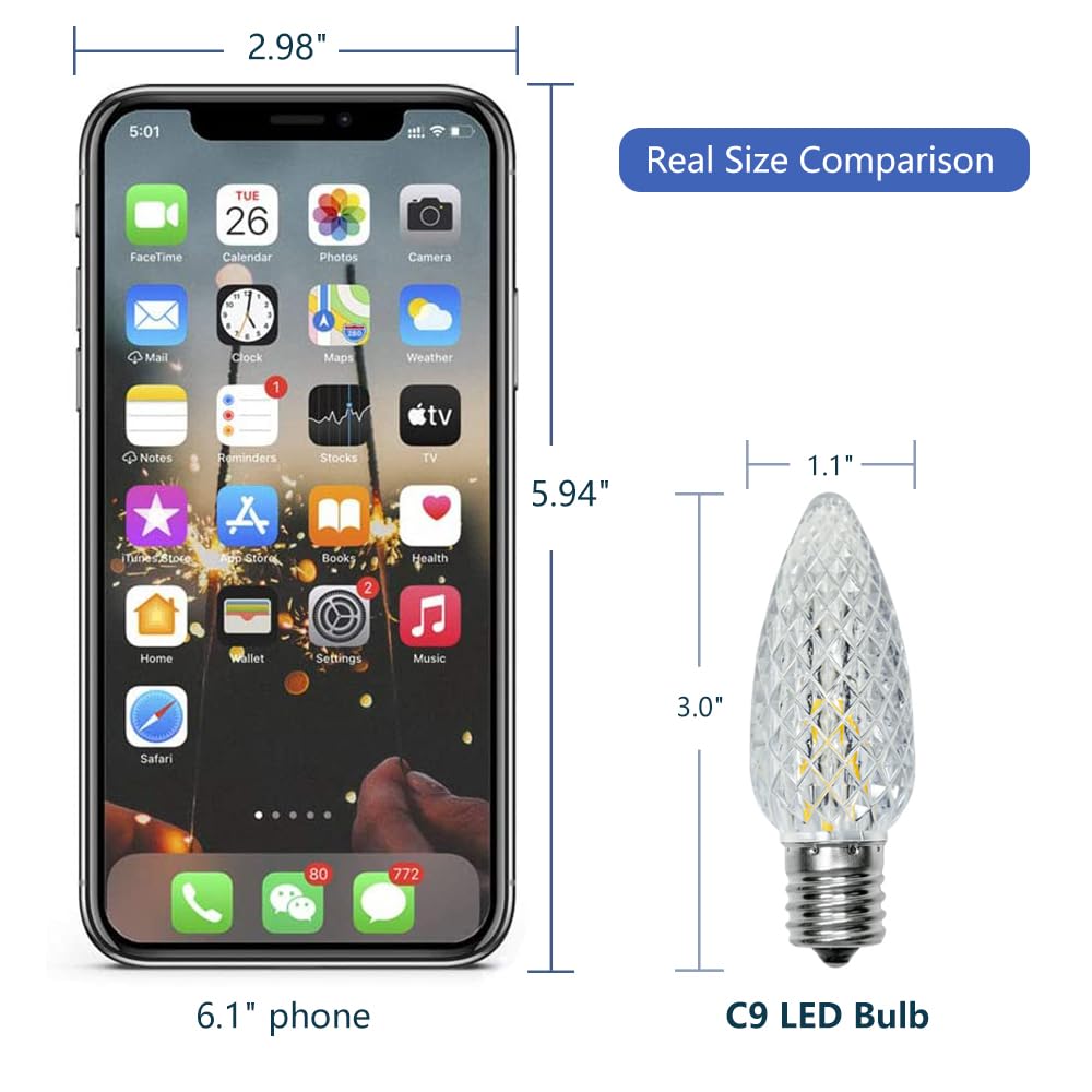 Bort 100 Pack C9 Led Replacement Light Bulb  C9 Led Bulbs For Christmas Outdoor String Lights  E17 Intermediate Base  Commercial Grade Holiday Bulbs Warm White 2700K