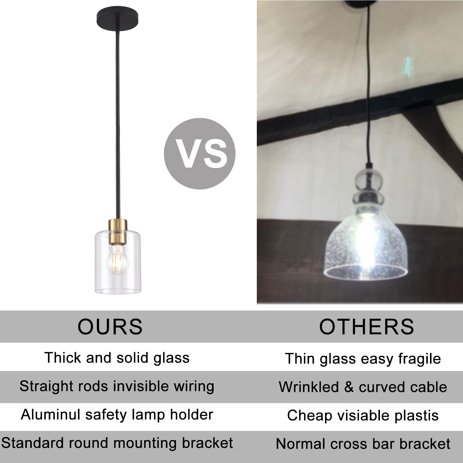 KLSS Black Brass Pendant Lights - Clear Glass Fixture, 12in & 4in Rods, 3 Units, Model HJBLDD1P001