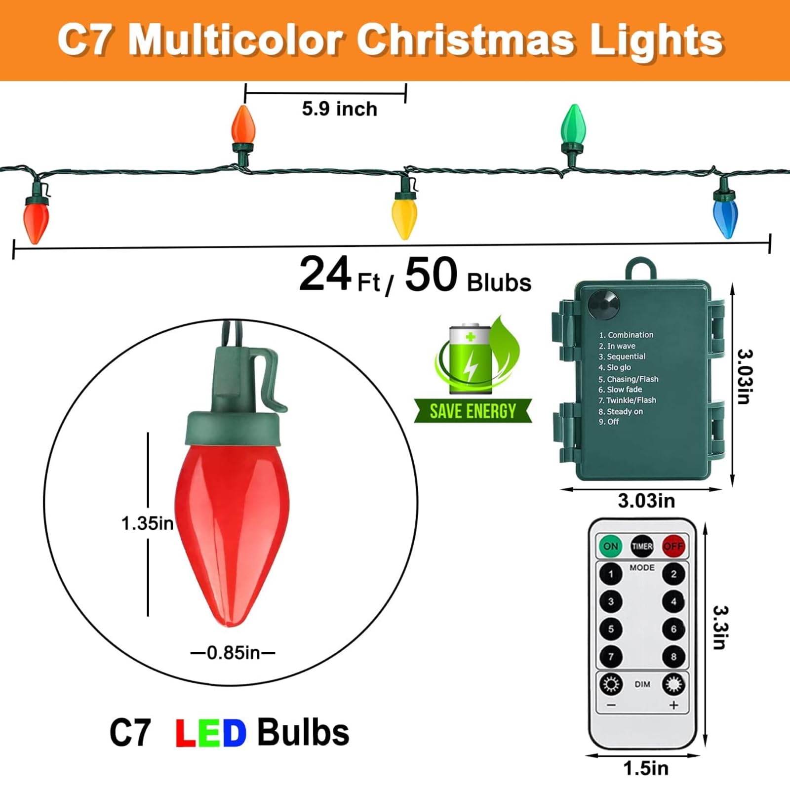 Couah C7 Christmas Lights Battery Operated 24Ft,50Led C7 Christmas Lights Battery Powered Led Battery Powered Lights For Indoor