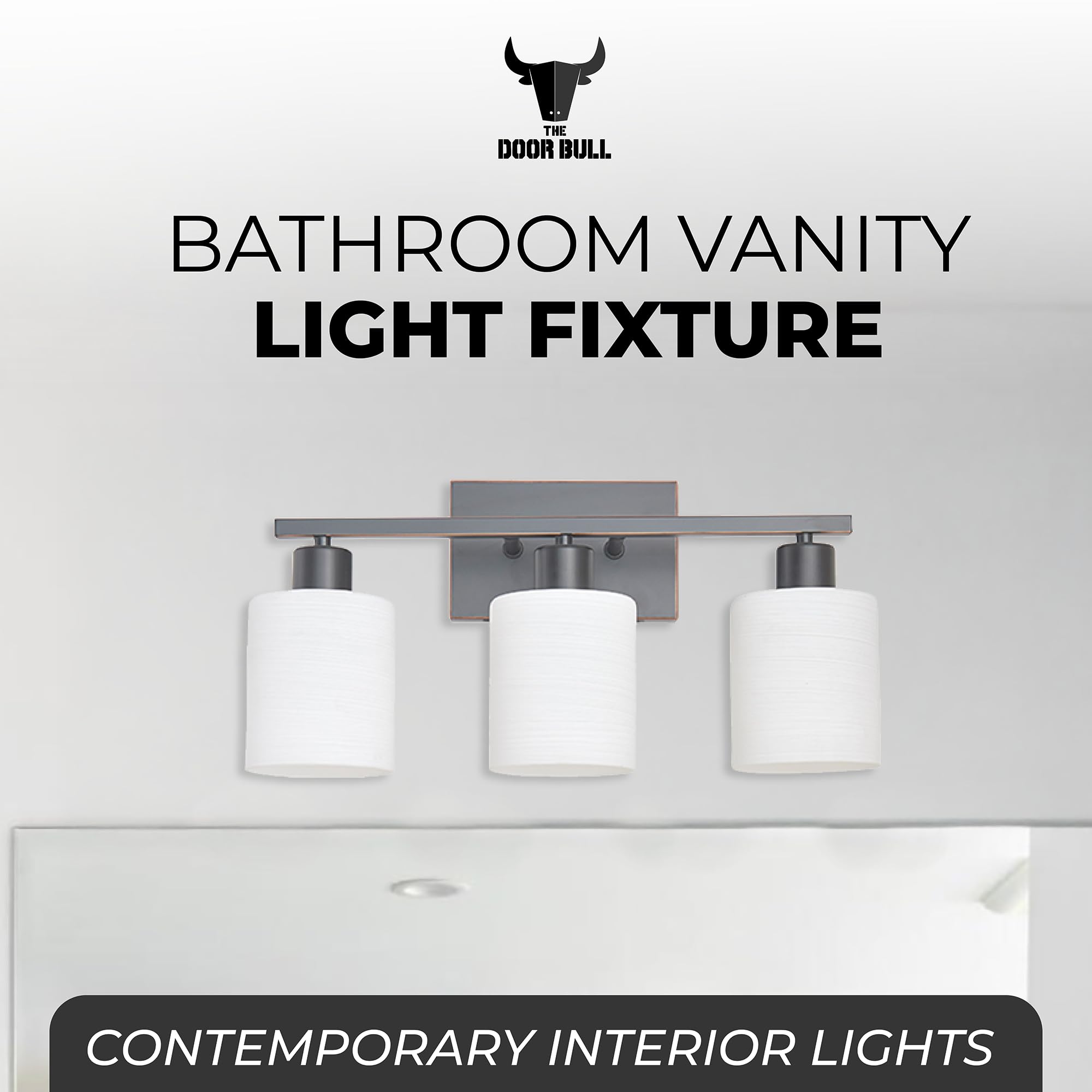 The Door Bull Modern Bathroom Vanity Light, 3 Lights, Oil-Rubbed Bronze, Stainless Steel, Milky White Glass Shades, Model VNT-1000