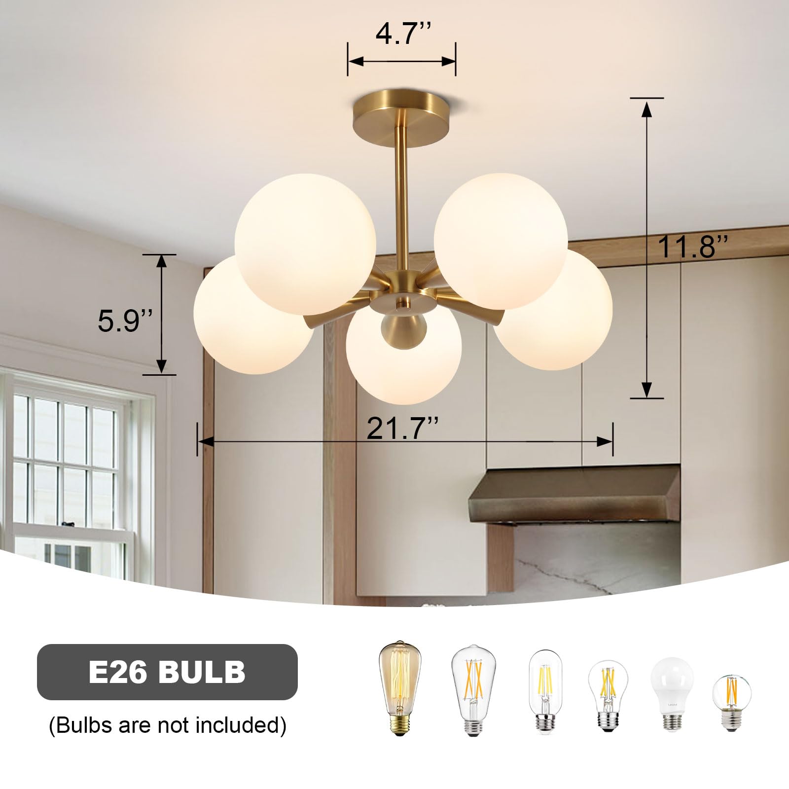 Bektas 5-Light Semi Flush Mount Ceiling Light Fixture, Brushed Gold, Milk Glass Globe, Model 305-230757BA-US479