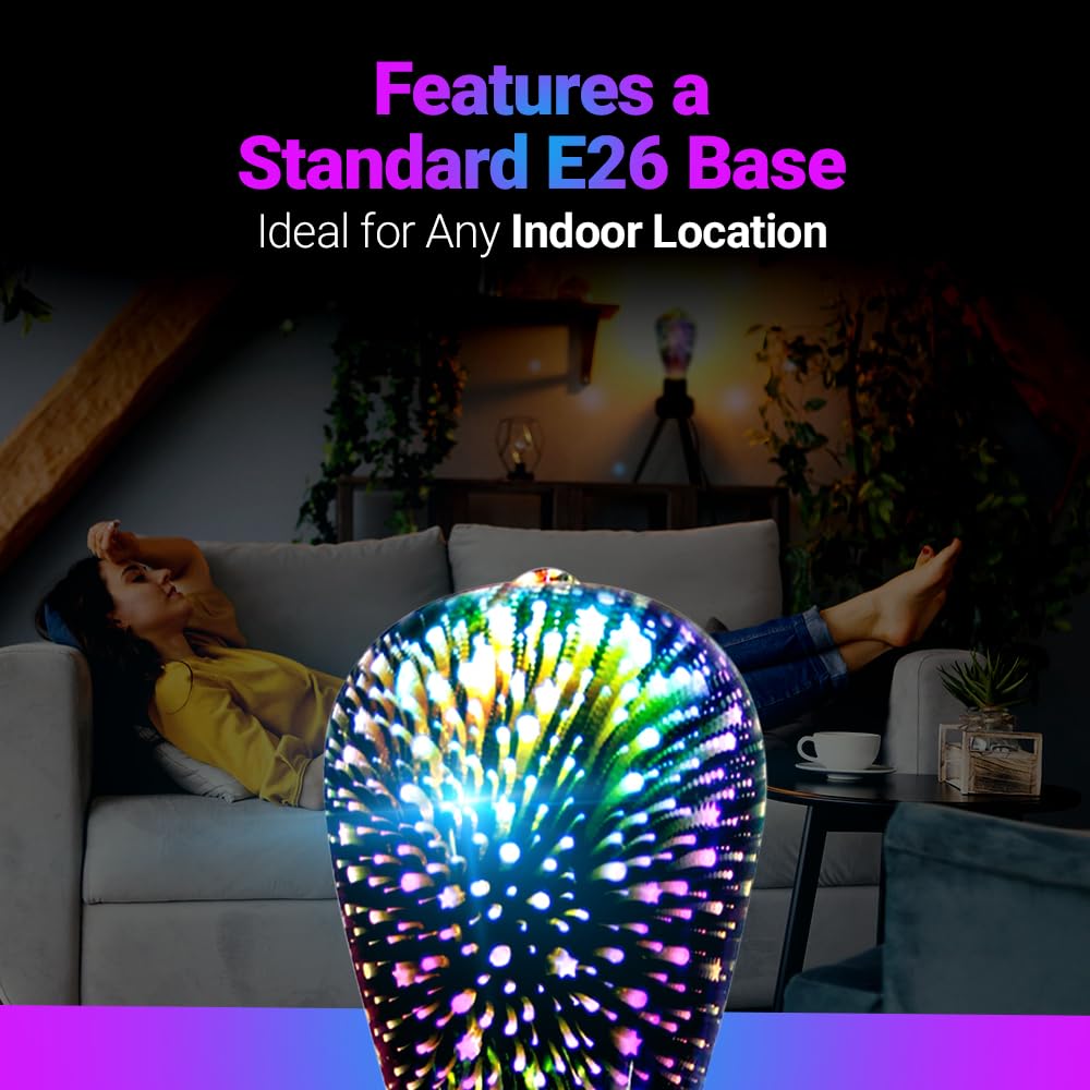 4 Pack Infinity 3D Fireworks Effect St19 Led Light - 3W 120V Fairy Multicolor Disco Party Bulb, Stain Glass Colorful Firework Li