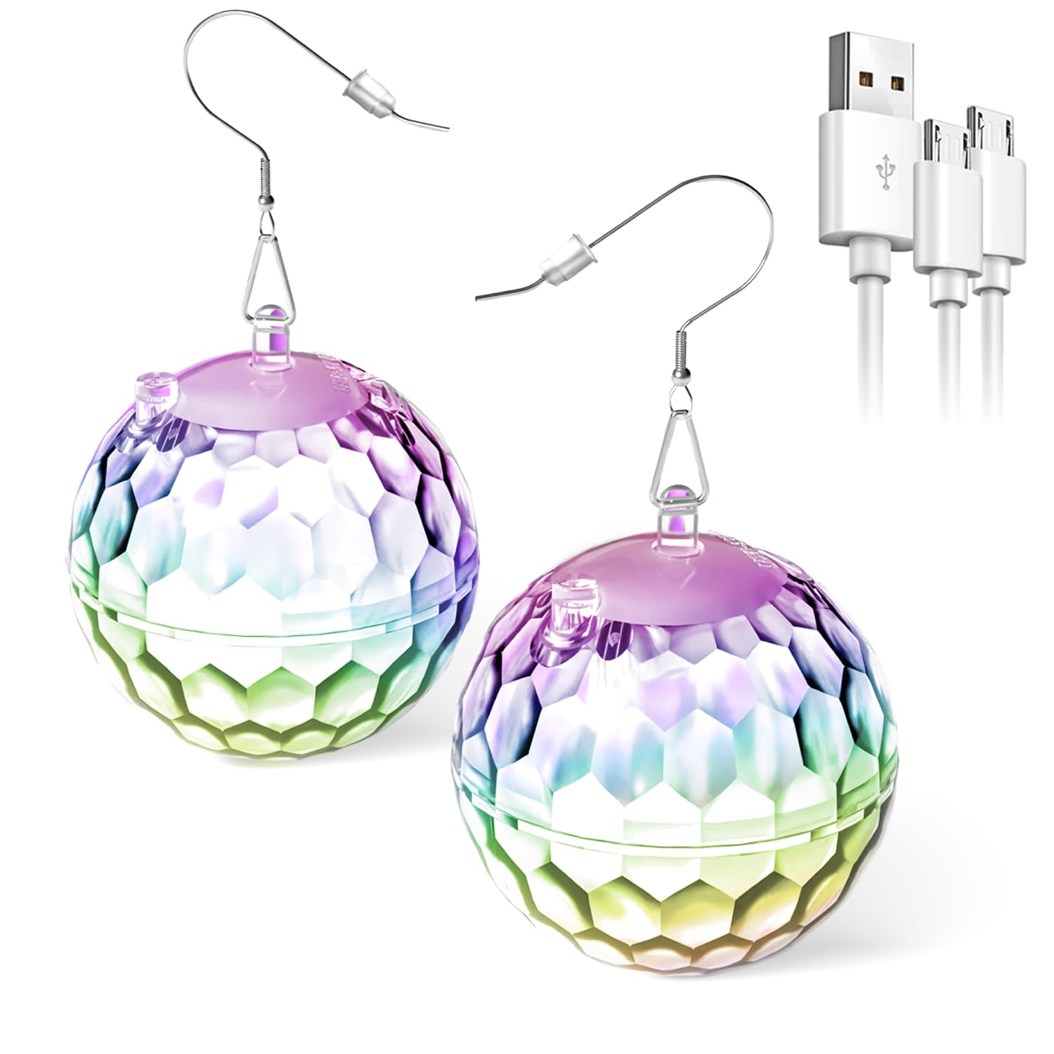 PUFIER Light Up Earrings Rhombic Disco Ball Rechargeable 60s 70s 80s Multi-colored Small Model DEB-L