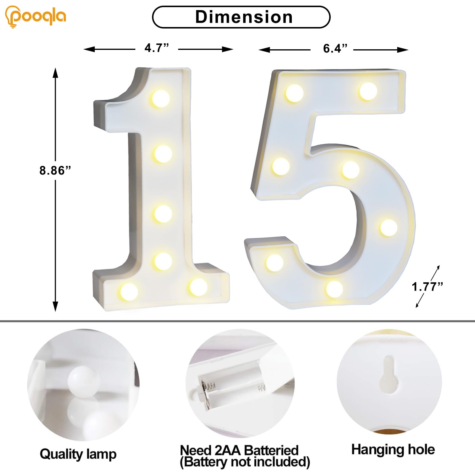 Pooqla LED Marquee Number Sign 15, Warm & Cool White, Plastic, for Birthday & Anniversary Decorations