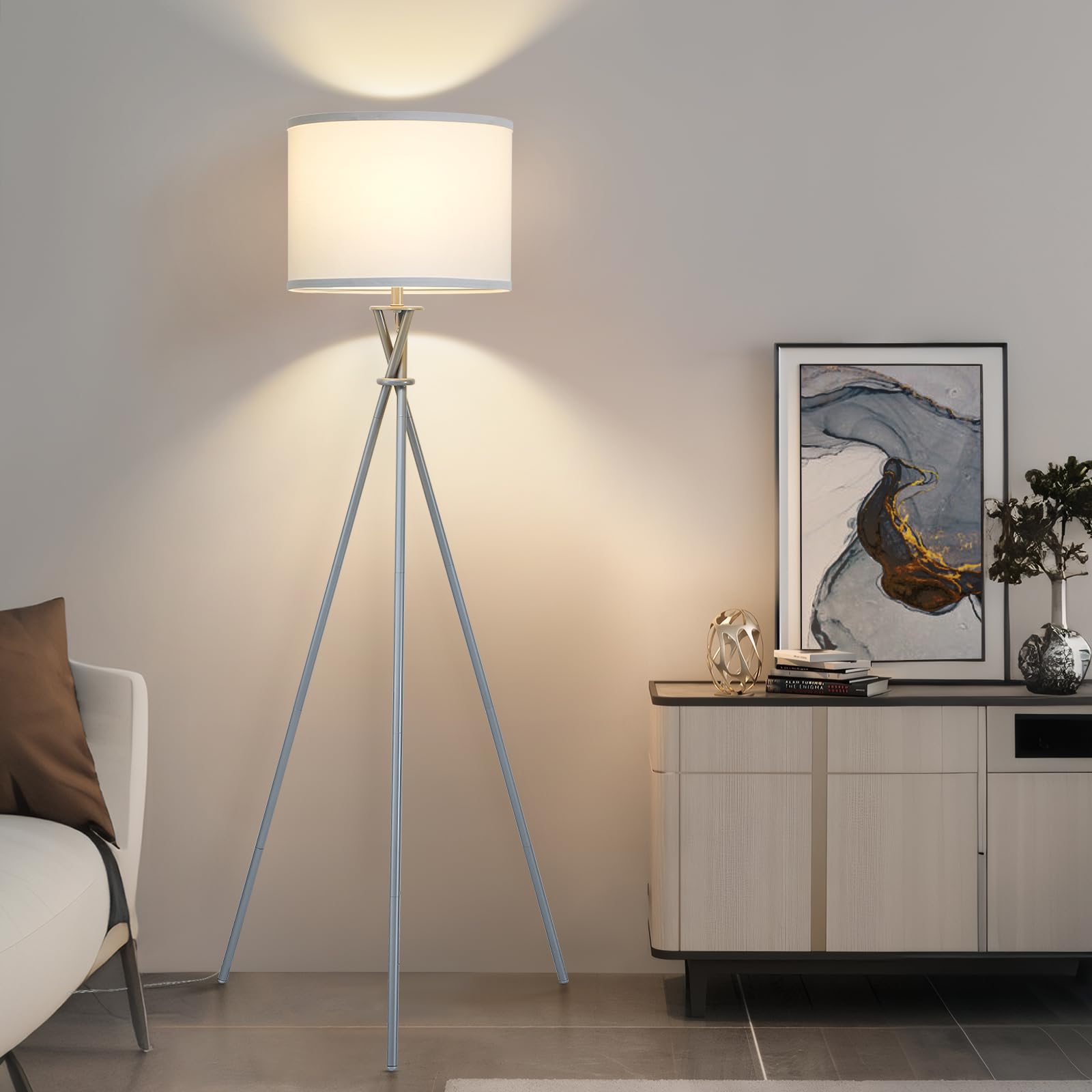 Luvkczc Tripod Floor Lamp Silver, 61” Tall, Metal, Modern Design with White Shade, Model 1FL-054-03