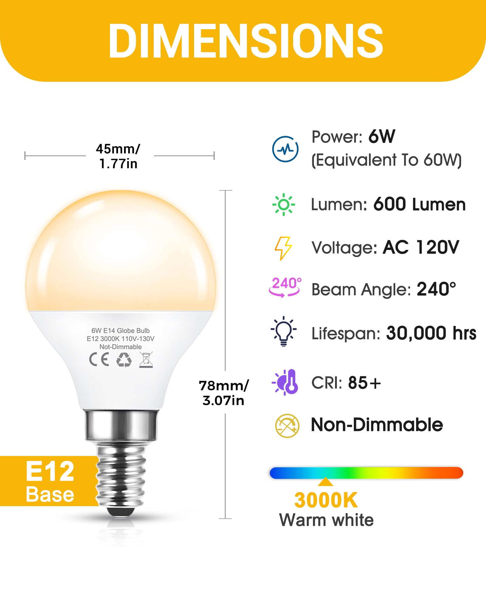 G45 Ceiling Fan Light Bulbs, 60W Equivalent E12 Led Bulb, Small Candelabra Base Bulbs, Warm White 3000K, A15 Globe Shape Bulb, 6