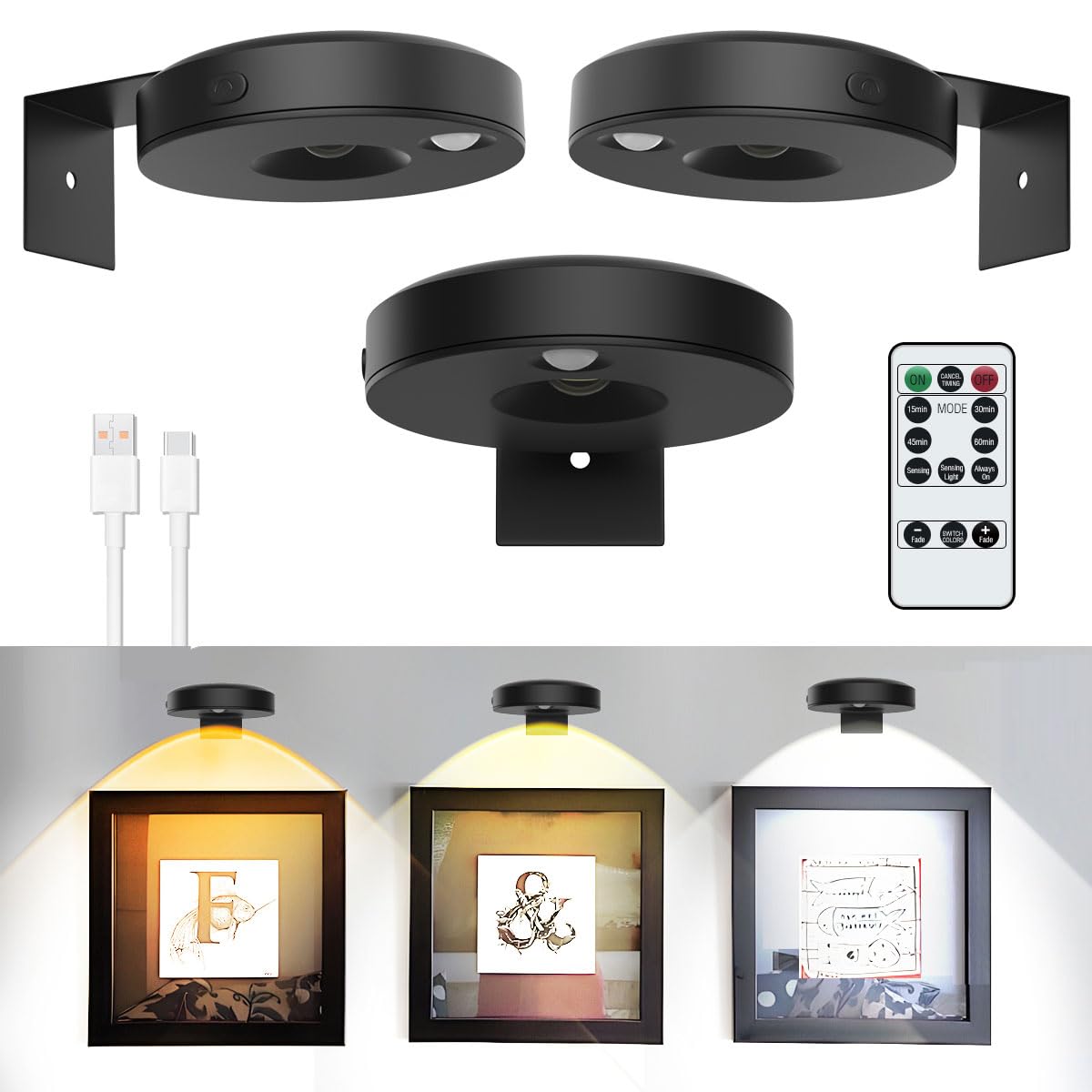 3Pack LED Picture Lights for Wall Rechargeable Battery Picture Frame Light with Remote Wireless Magnetic Art Display Light Dimma