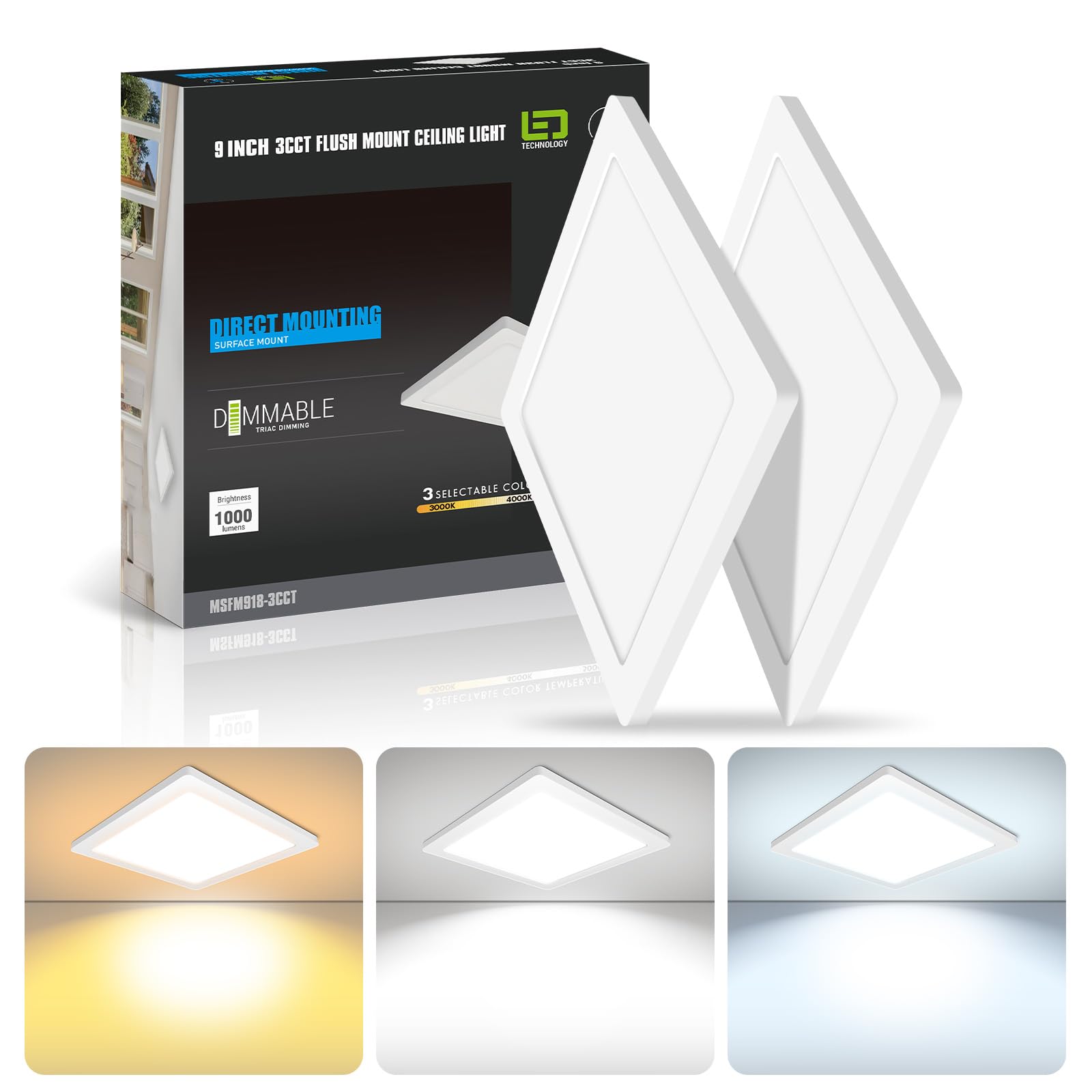 Mw 2 Pack 9 Inch Square Led Flush Mount Ceiling Light, Slim Led Ceiling Lights, Dimmable 18W, 120V, 3000K/4000K/5000K Adjustable