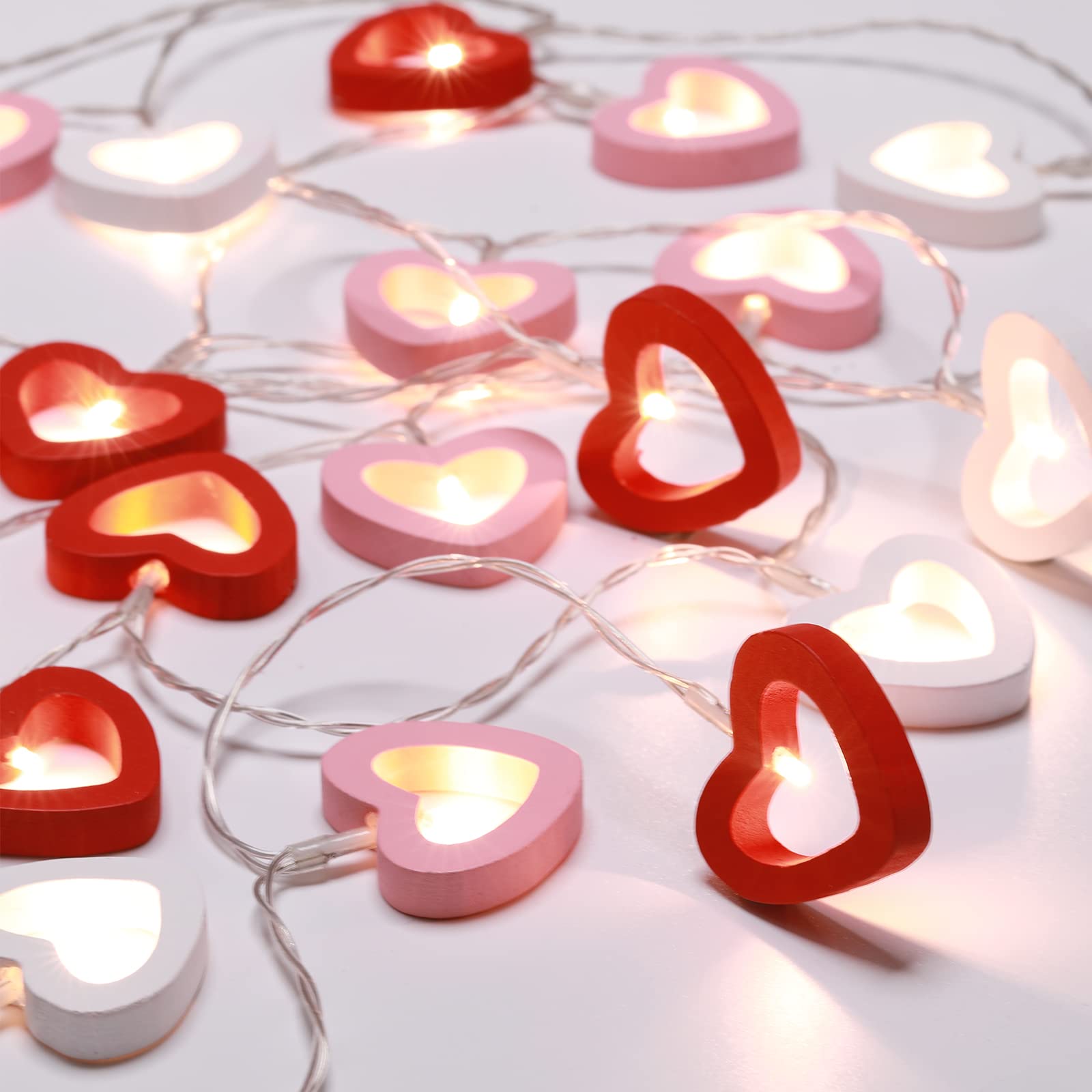 Mudder Valentines Day Wooden Heart String Lights LED Fairy Hanging Love Lights Lamp Battery Operated Valentines Day Decoration