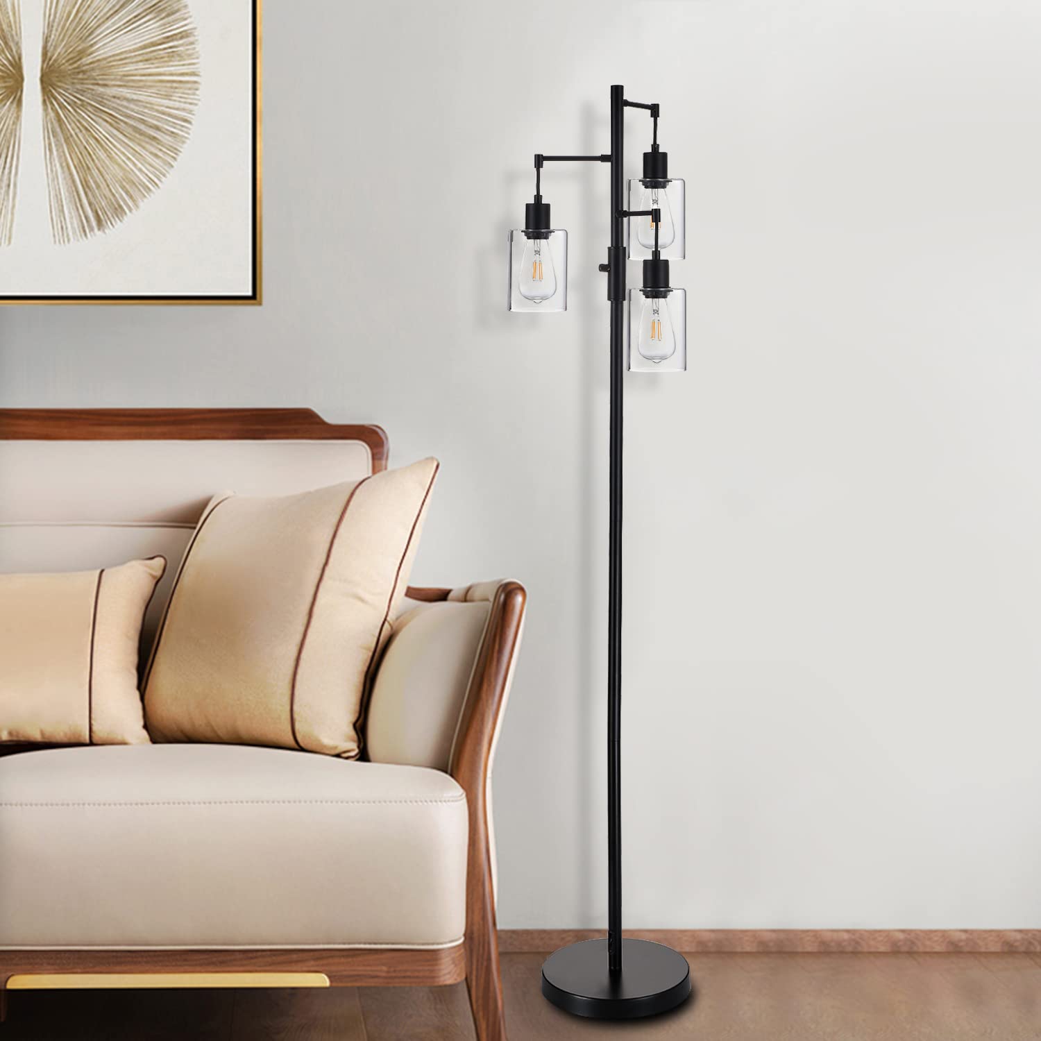 Liylan Industrial Tree Floor Lamp - Black, Dimmable Farmhouse Standing Lamp With Clear Glass Shade