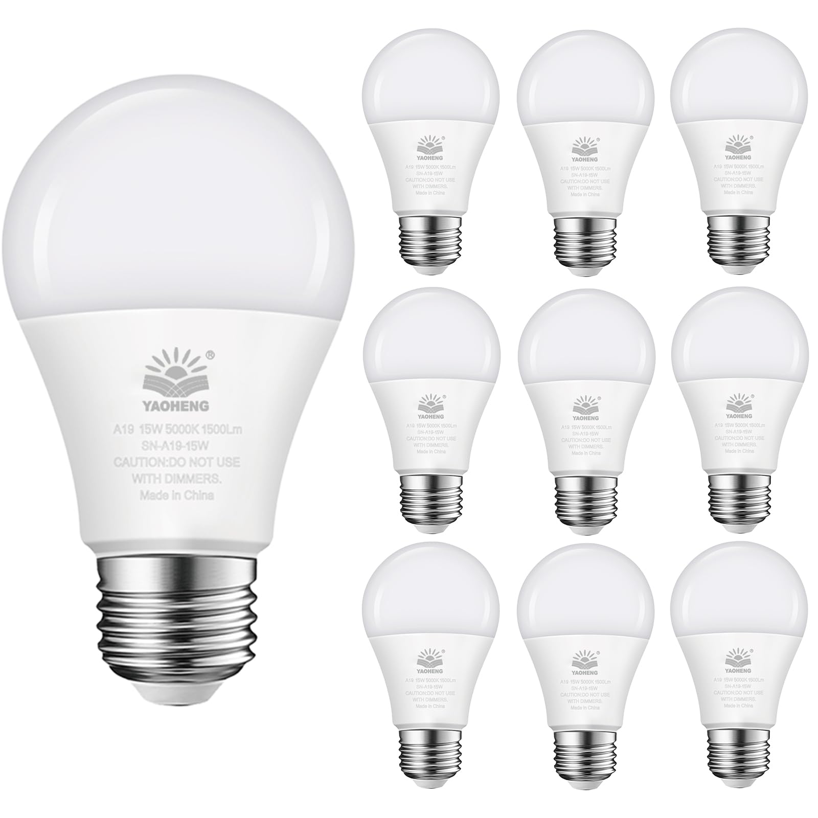 YAOHENG A19 LED Light Bulb 15W 100W Equivalent 1500 Lumens 5000K Daylight 10-Pack Standard E26 Base Non-Dimmable