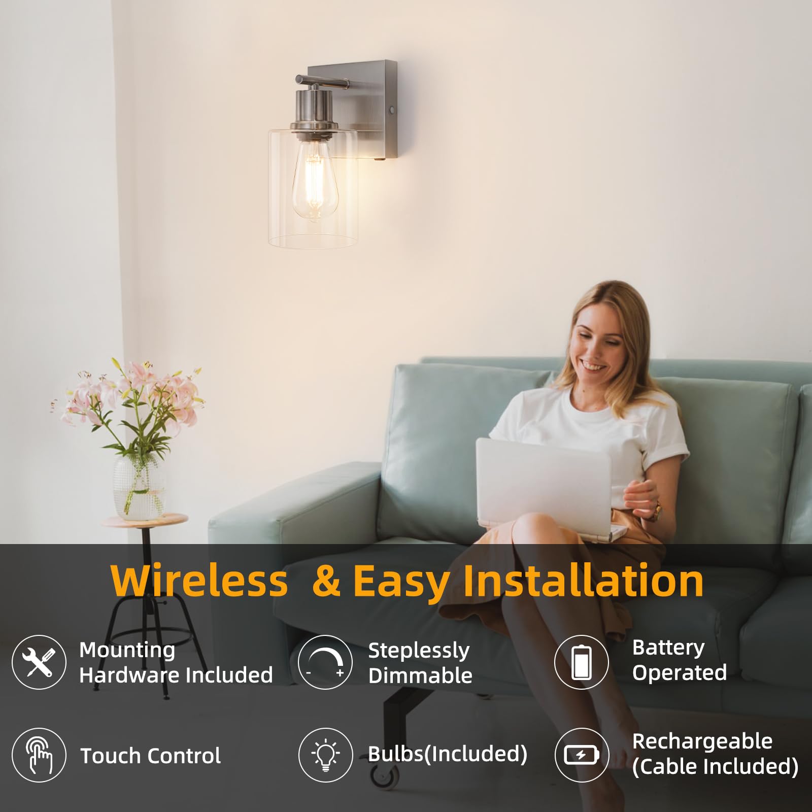 Battery Operated Wall Sconce Set Of 2, Modern Brushed Nickel Wireless Rechargeable Wall Mounted Lamp With Bulbs, Dimmable Indoor