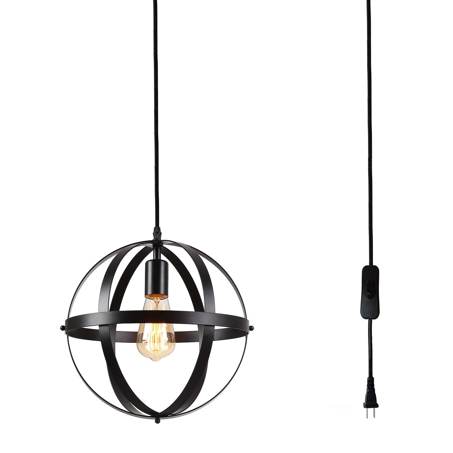 riomasee Industrial Plug-in Chandelier, Metal Globe Light Fixture, Vintage Black, 14.27 ft Cord, Model RM001-21