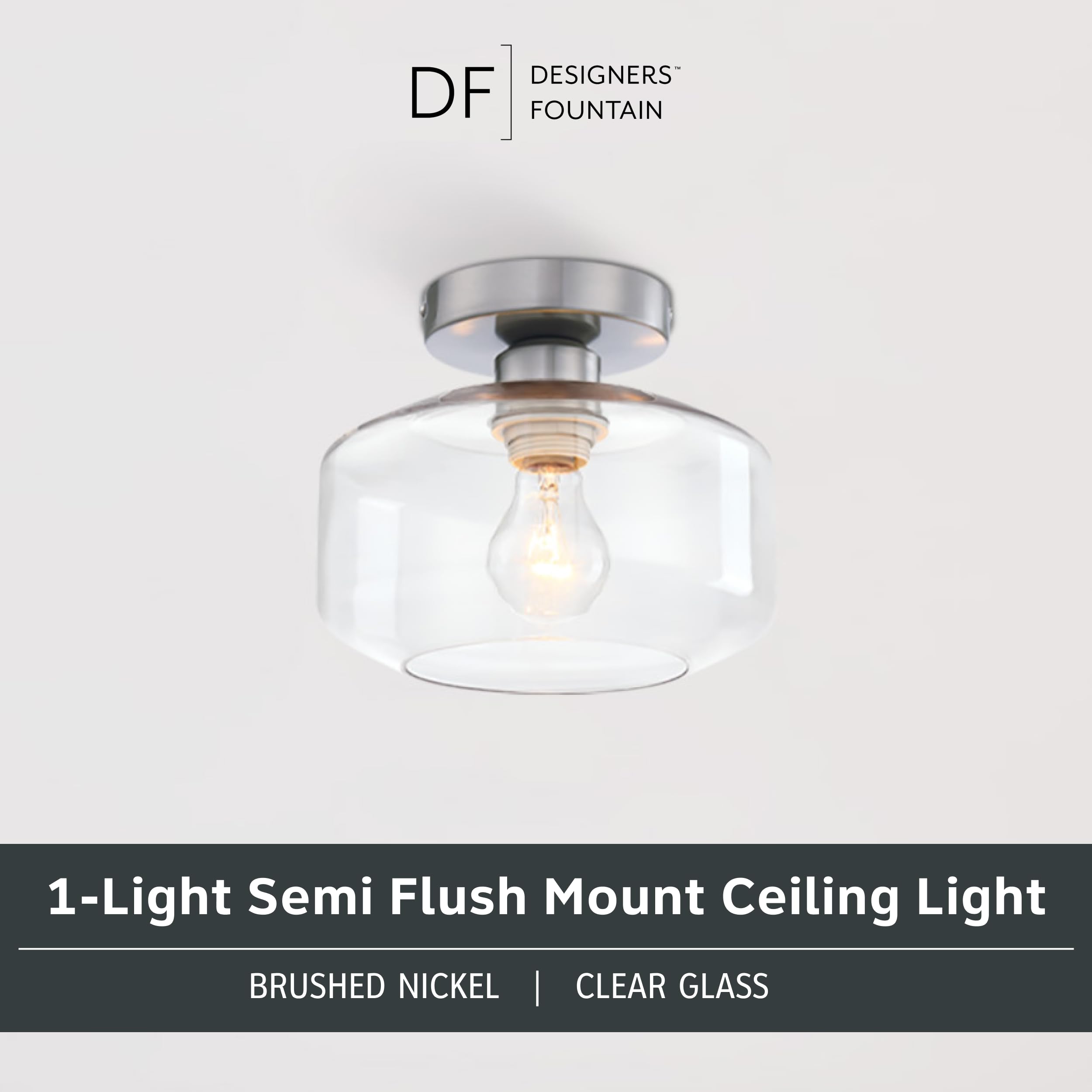 DESIGNERS FOUNTAIN Semi Flush Mount Ceiling Light, 8.75 Inch, Brushed Nickel, Alloy Steel, Model D335M-SF-BN