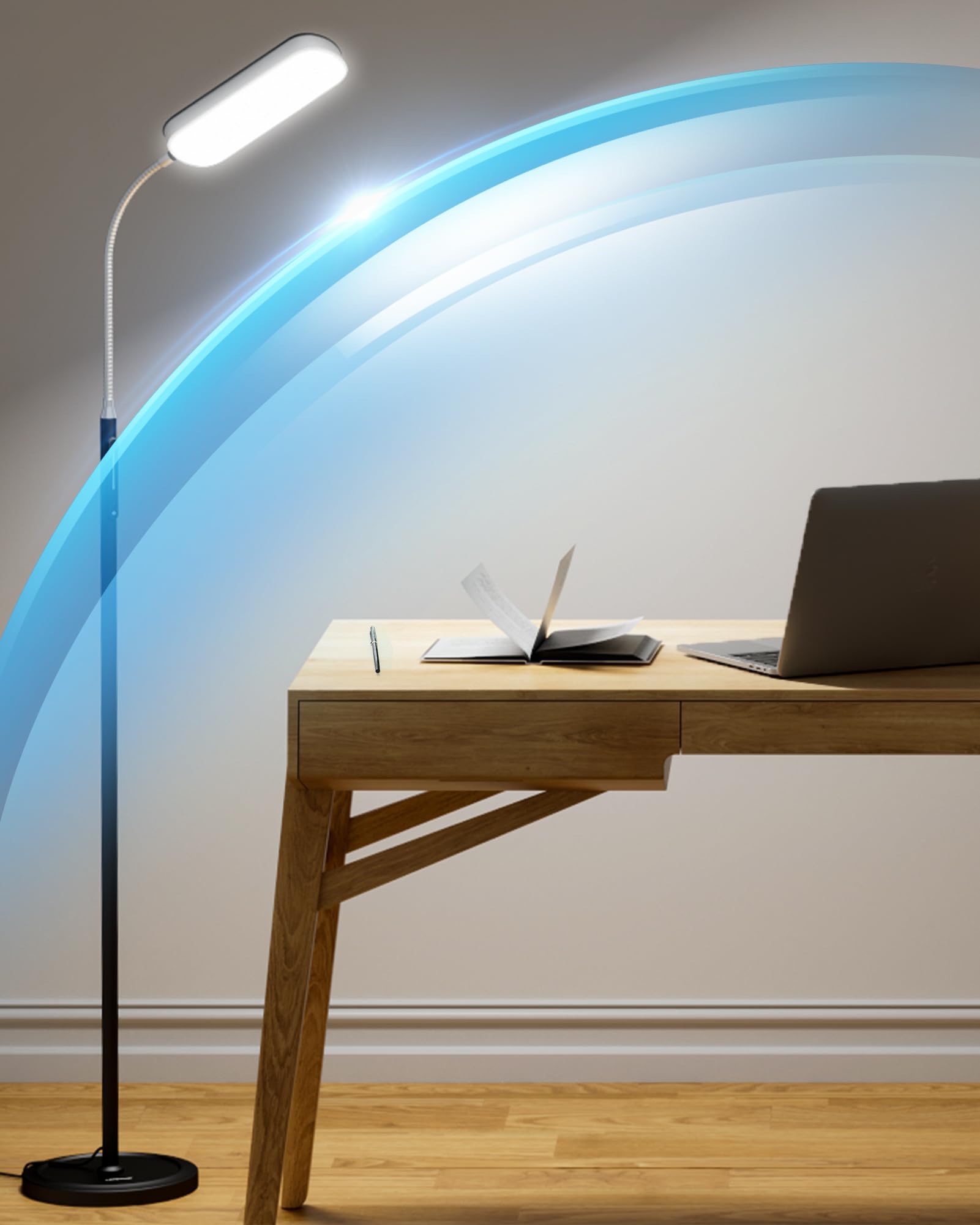 LEPOWER Floor Lamp LED, 5 Color Temperatures, Stepless Dimmer, Timer, Adjustable Reading Lamp, Black, Model FM-27