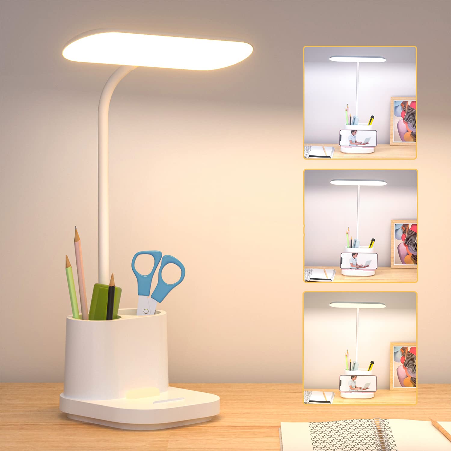 Youkoyi Led Desk Lamp - Rechargeable Touch Control, Stepless Dimming, 3 Color Modes, Gooseneck, White, Model T22