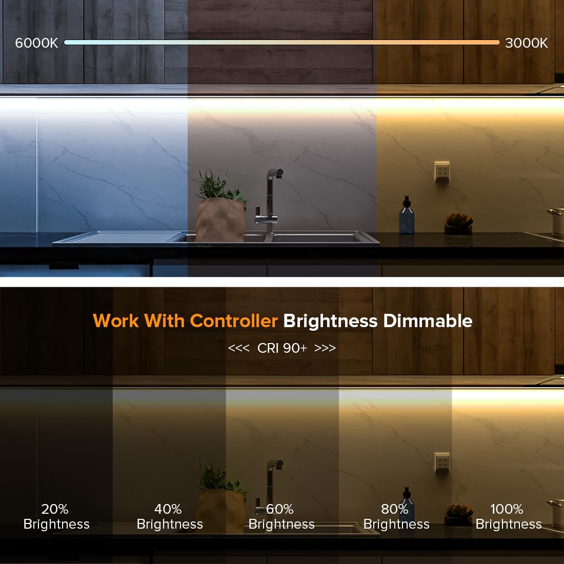 BTF-LIGHTING COB LED Strip Light 16.4FT IP65 Flexible Tunable 3000K-6000K CRI 90+ DC12V