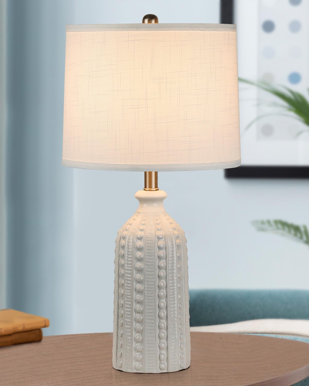 Junnai White Ceramic Table Lamp 24.5&quot;: 3-Way Dimmable Bedside Lamp With White Drum Slub Shade, Modern Nightstand Lamp For Bedroom & Living Room (Bulb Included)
