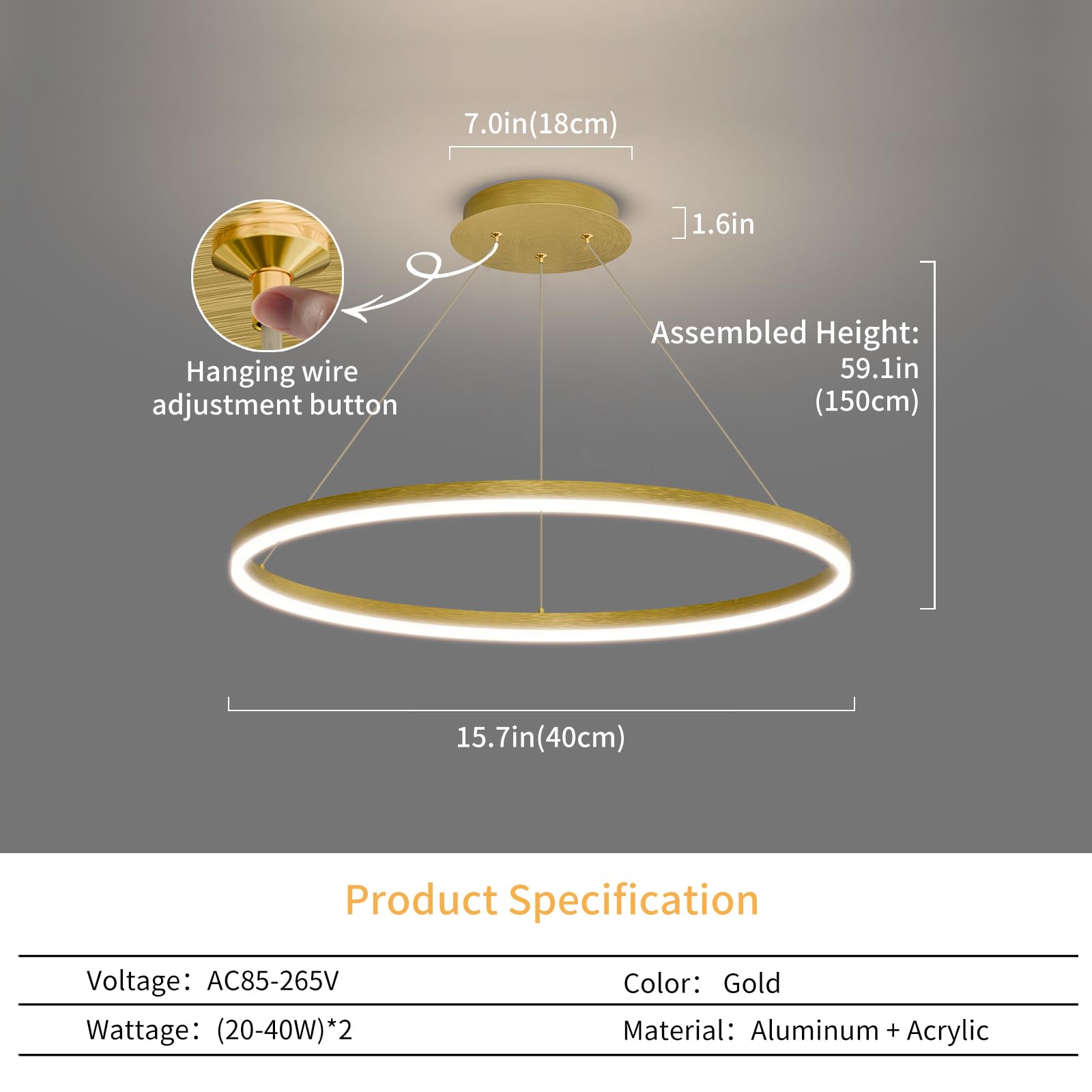 Mikeru Modern LED Chandelier Light, Remote Control, 3000K-6500K, 15.7IN, Aluminum, F-Gold