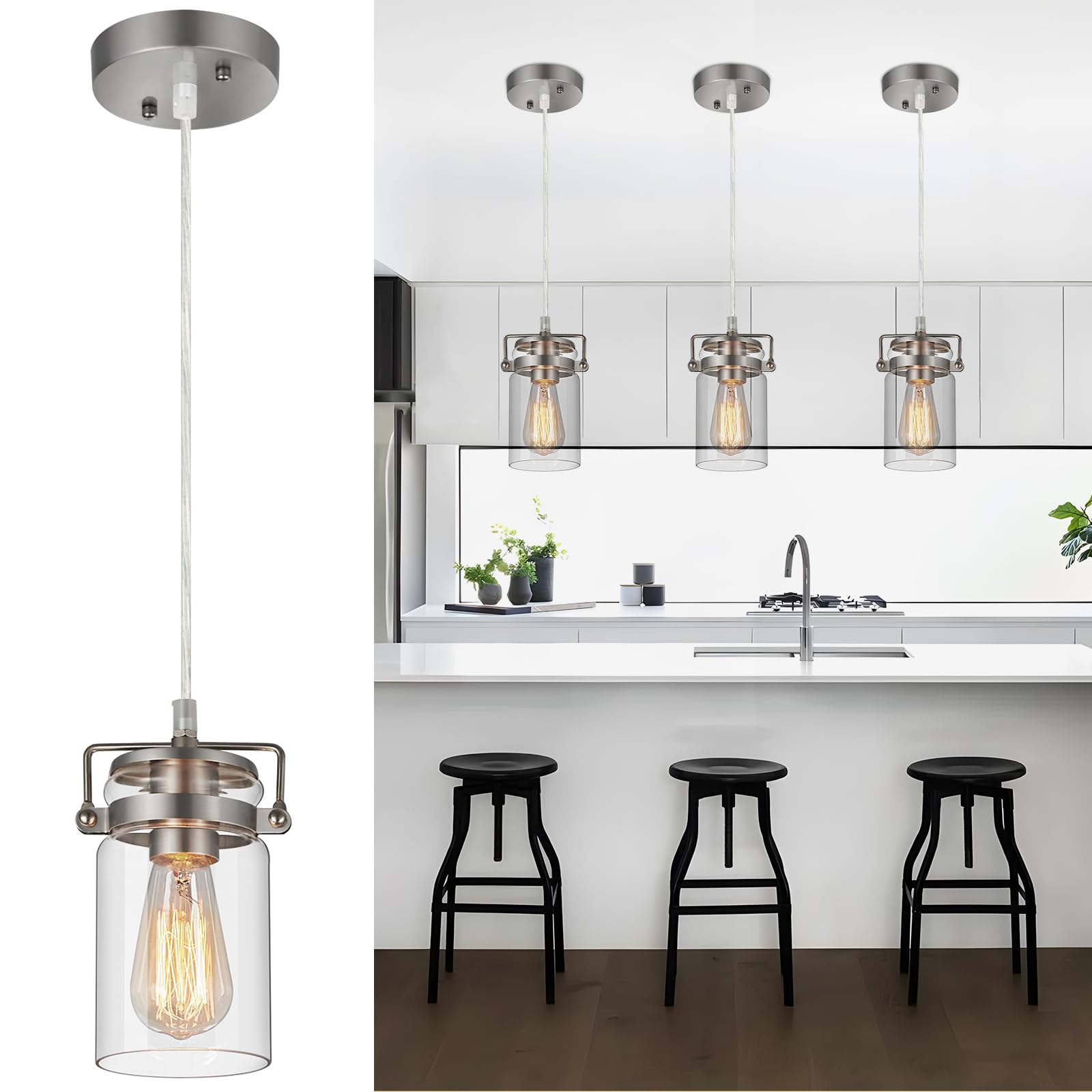 Industrial Pendant Lighting For Kithen Island  Brushed Nickel Pendant Light Fixture With Clear Glass Shade Modern Mini Ceiling Light Fixture Adjustable Kitchen Island Lighting(E26 Base)