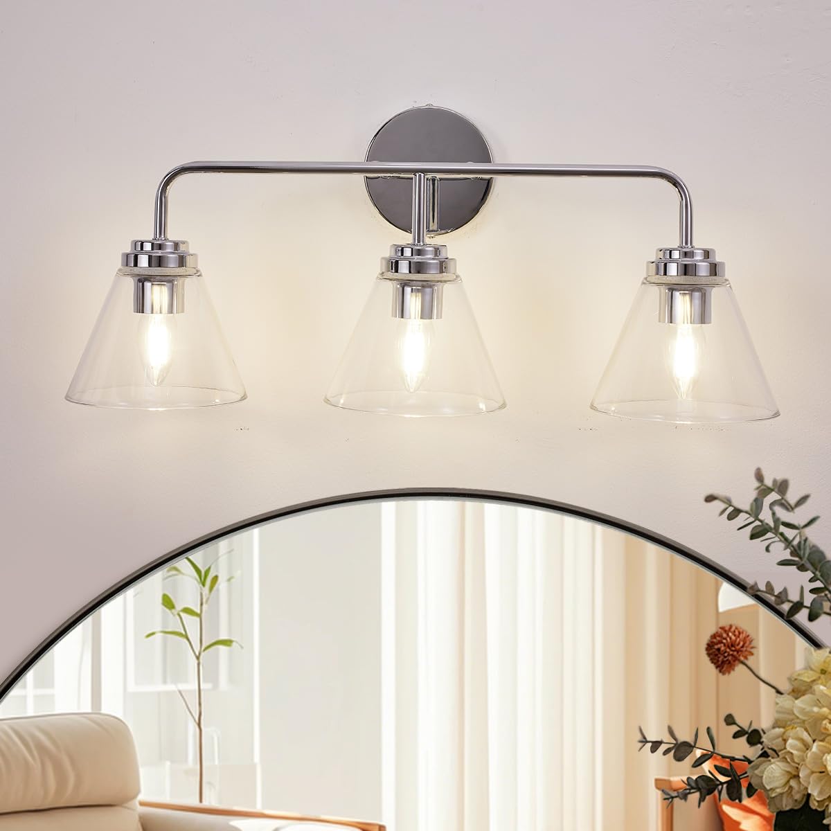 ANDY STAR Vanity Lights for Bathroom 3 Light - Chrome Bathroom Light Fixtures with Clear Cone-Shaped Glass, Polished Modern Geom