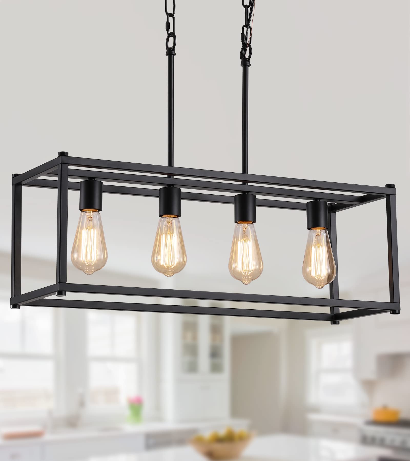 Amzasa Black Rectangle Island Lighting Rectangular Modern Industrial Chandelier 4 Lights Linear Vintage Cage Light Fixtures For Kitchen Dining Room (Height Adjustable)