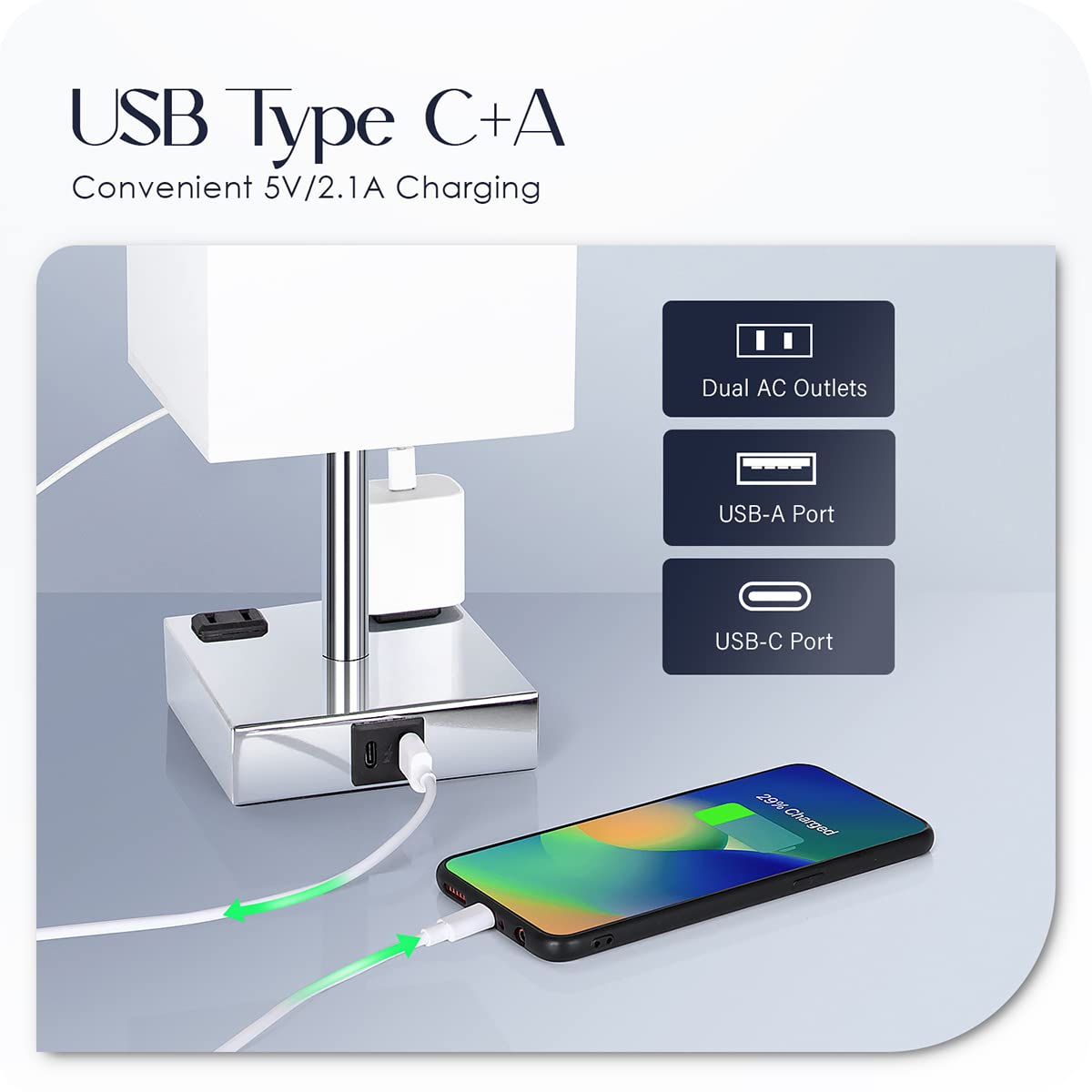 Soilsiu Bedside Lamp - Touch Control, USB C+A Ports, 3 Way Dimmable, 4.3in Width, Chrome - White, Model TD-018S, LED