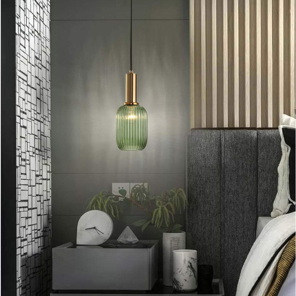 I-xun Modern Pendant Light - Striped Glass, Gold Socket, 5.12in  Size, Green, Model I-xun SG-S for Kitchen and Dining Rooms