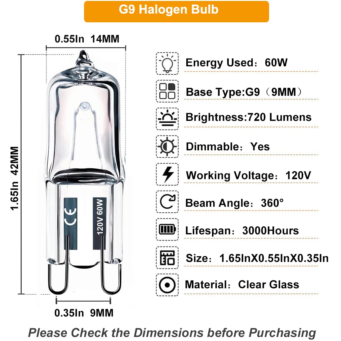 Vinaco G9 Halogen Bulb 60 Watt 720LM Dimmable 10 Pack Clear Glass
