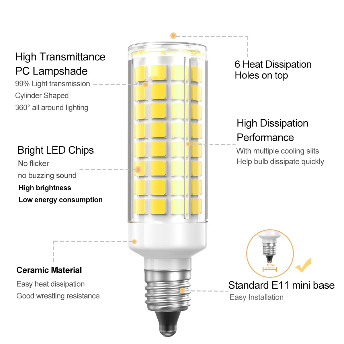E11 Led Light Bulbs Dimmable 7W Equivalent To Halogen Bulb 75W-80W 730Lm, E11 Mini Candelabra Base Jd T3 T4 Corn Light Bulb Ac 1