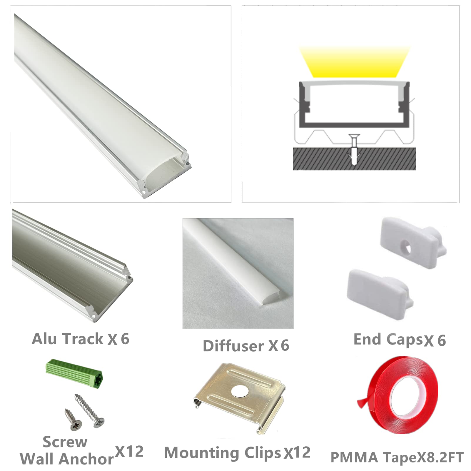 THMOOTHER LED Strip U Channel Diffuser 6-Pack, 1FT Silver Aluminum Track with UV Resistant Milky Cover, Model 17.4-1FT