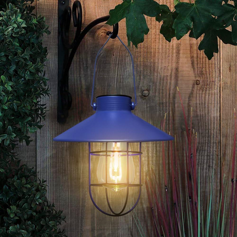 pearlstar Solar Lantern Outdoor Hanging Light Metal Warm White Edison Bulb  HIA049-Blue - Blue Decor for Garden Yard Patio