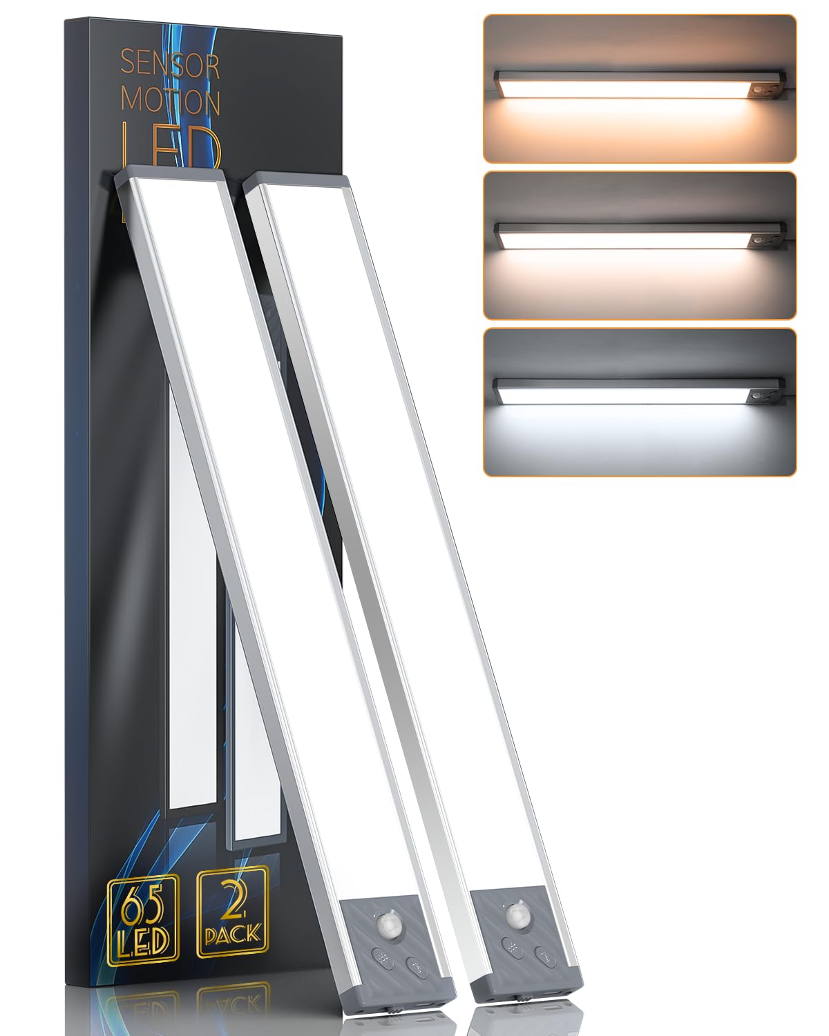 Hiboitec 50 Led Under Cabinet Lighting, Rechargeable Motion Sensor Light, Cool White, 2 Pack