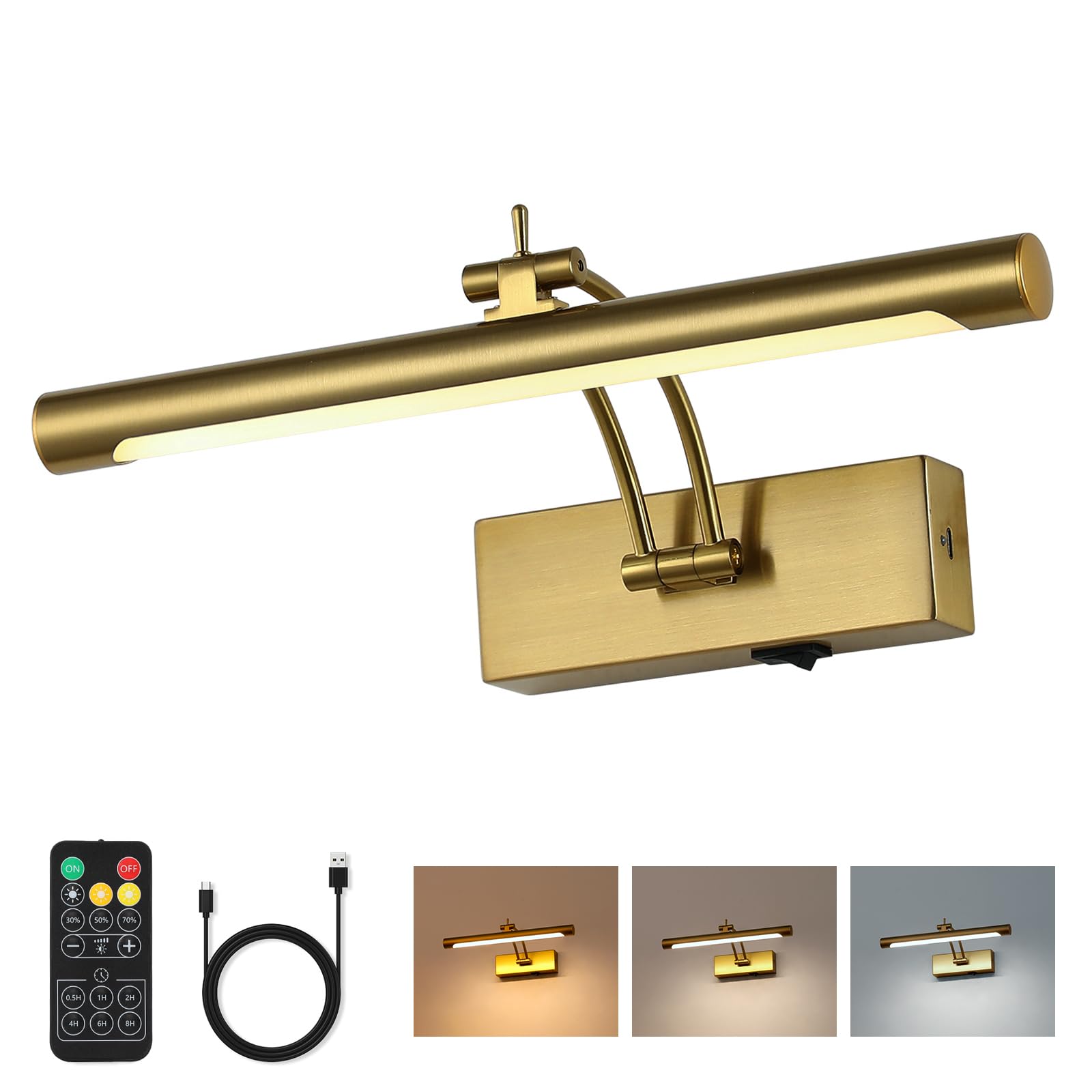 7Degobii Battery Operated Picture Light with Remote,Wireless Gallery Lights Brass 12in Rechargeable Display Light with Flexible 