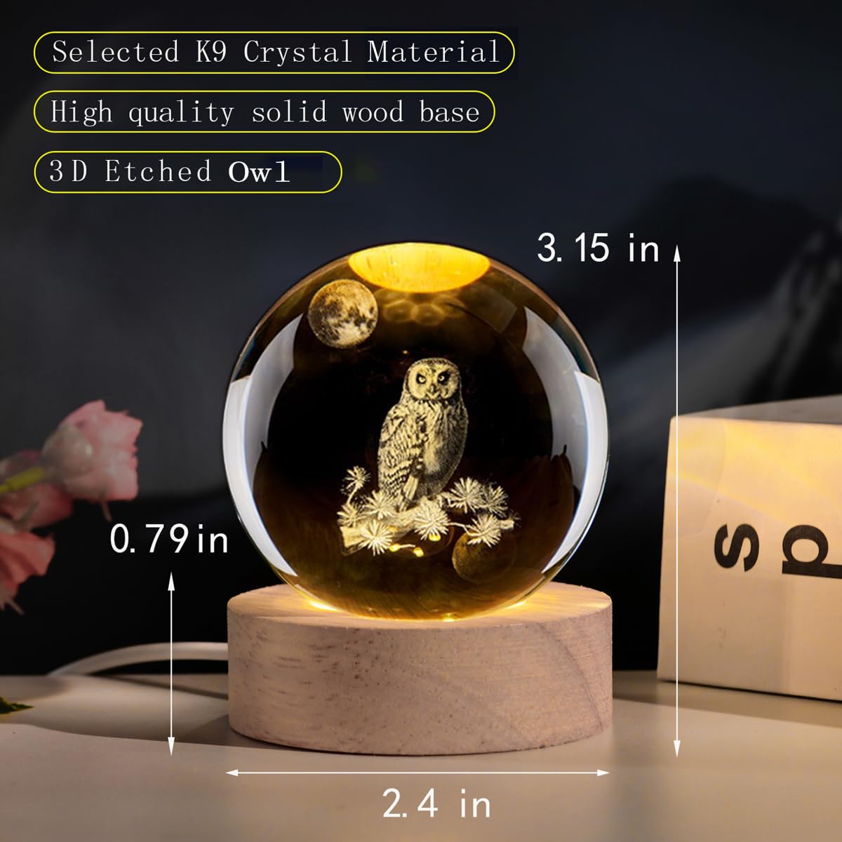 Qianchang 3D Owl Crystal Ball Night Light With Led Stand,Crystal Owl Figurine Lamp,Laser Etched Engraved Glass Paperweight,Owl D