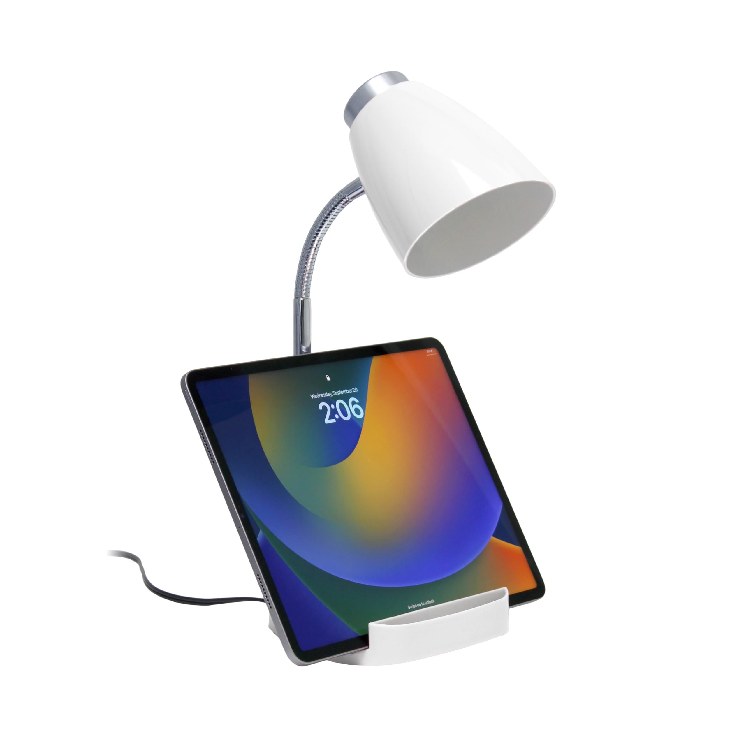 Simple Designs Ld1067-Wht Compartmental Desk Lamp With Iphone/Ipad/Tablet Stand, Bendable Gooseneck, For Office, Living Room, Ni