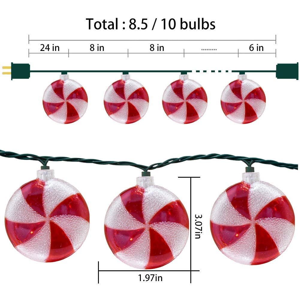 Romasaty Candy String Lights, 8.5FT Insulated Copper Wire, 10 Bulbs, Sugar Peppermints for Indoor & Outdoor Christmas Decoration