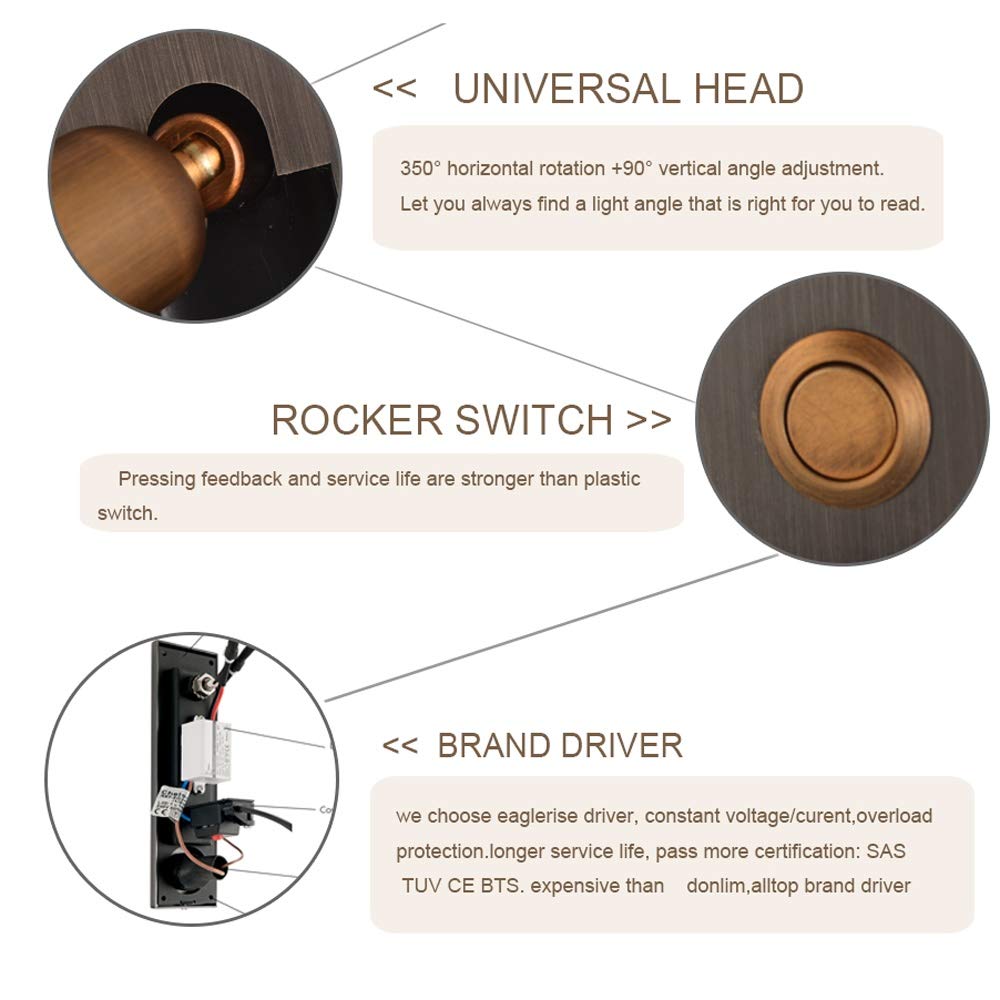 YFMYY LED Bedroom Wall Light Sconce - 360° Rotatable, Brass+Black, Metal, Model S-2306, Bedside Reading Lamp