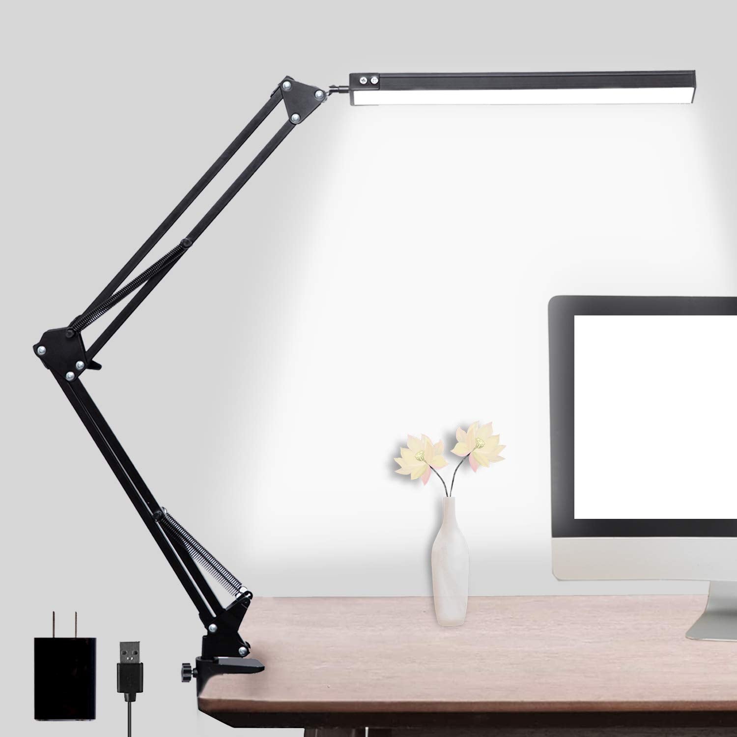 Led Desk Lamp, Adjustable Swing Arm Lamp With Clamp, Eye-Caring Reading Light, 10 Brightness Levels, 3 Lighting Modes, Memory Fu