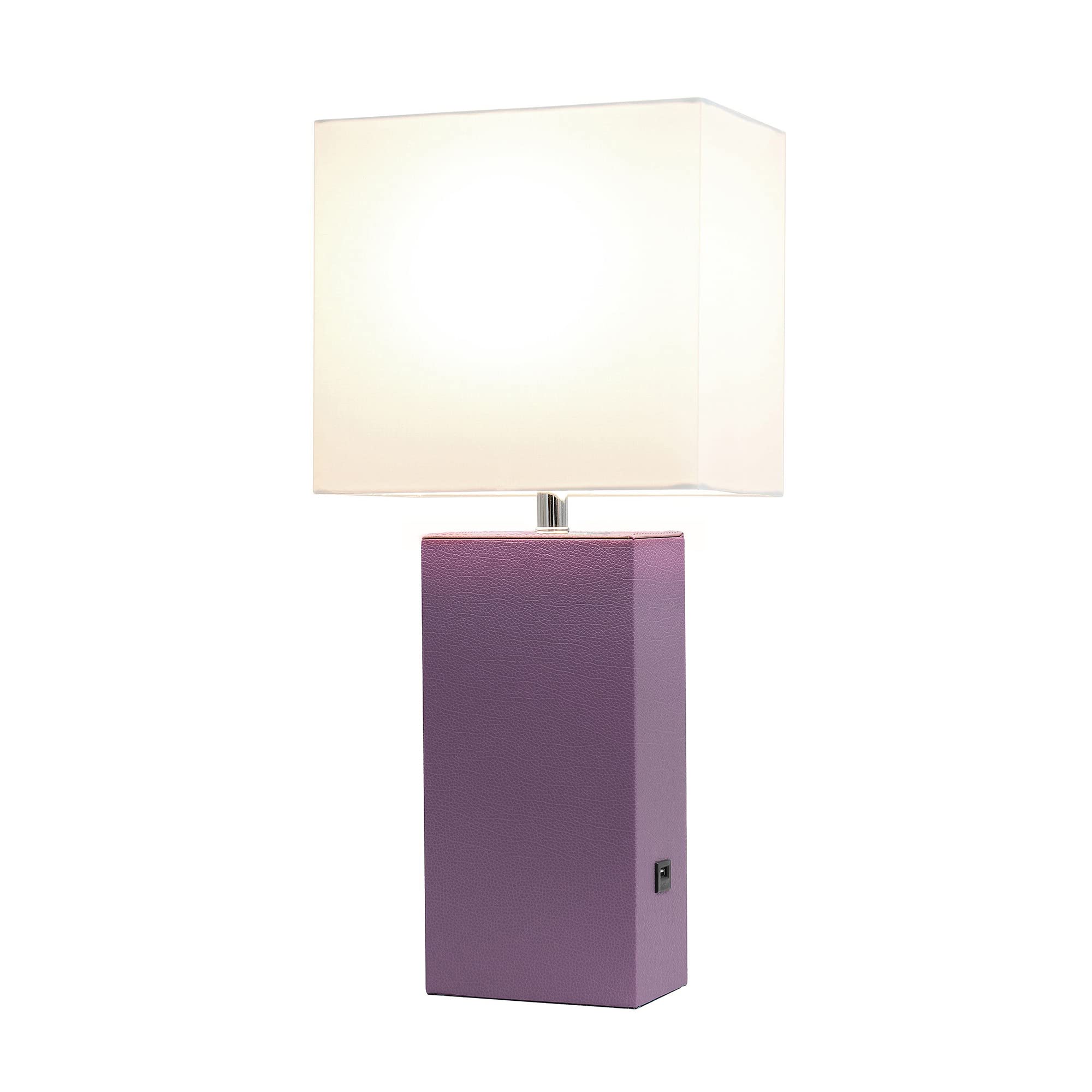 LALIA HOME 21in Leather Base Bedside Table Lamp with USB Charging Port, Purple, Model LHT-3012, Modern Home Décor for Living Room, Bedroom, Office