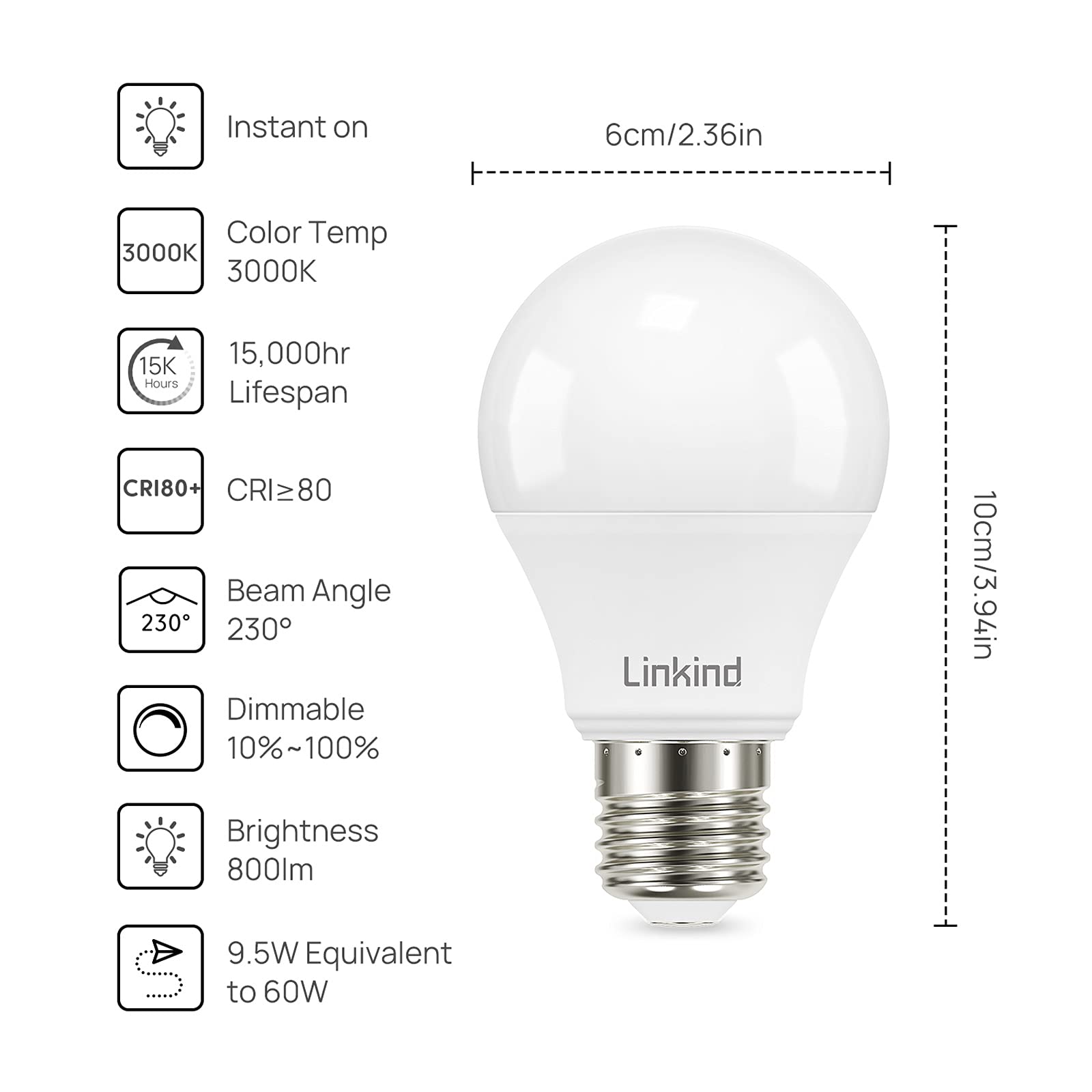 Linkind Dimmable A19 Led Light Bulbs, 60W Equivalent, E26 Base, 3000K Warm White, 9.5W 800 Lumens 120V, Ul Listed Fcc Certified,