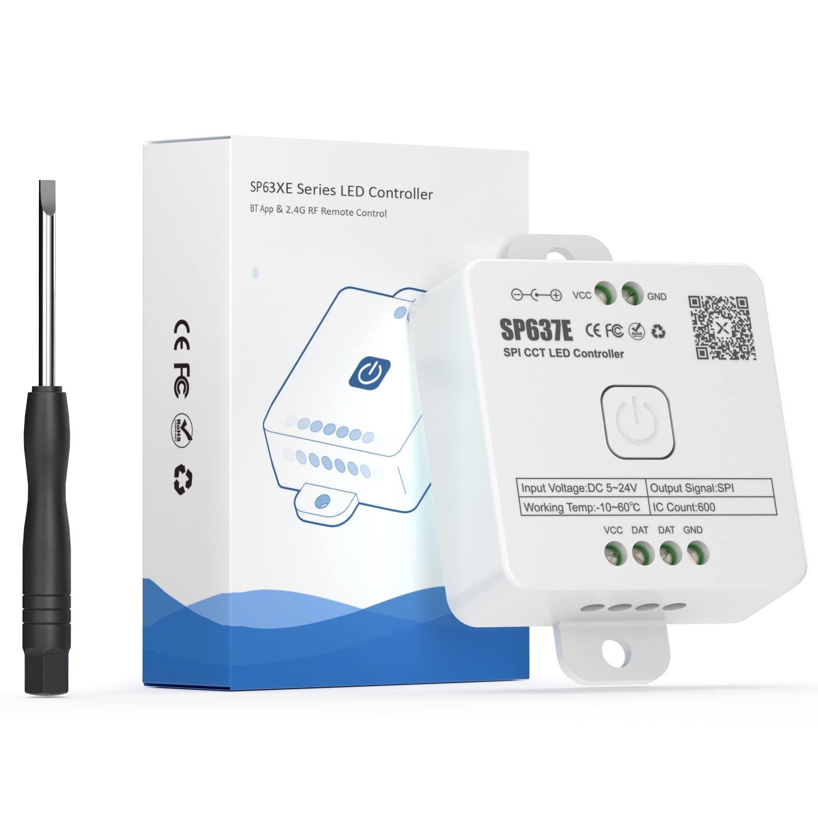 SEZO Bluetooth SPI LED Controller for CCT IC LED Strip, Model M1SP637E, Dynamic White Light Effect, DC5V-24V, White