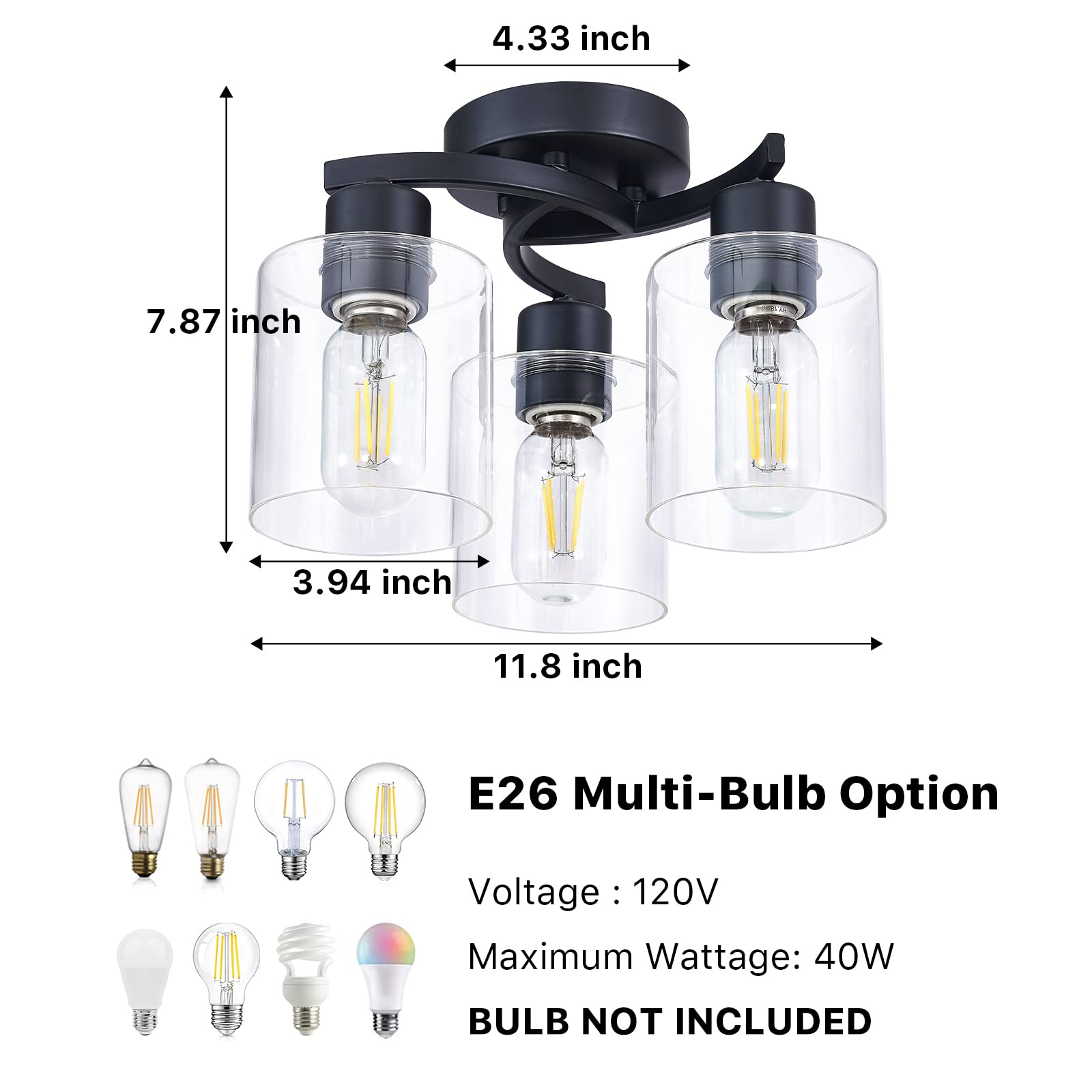 Eatich 3-Light Semi Flush Mount Ceiling Light, Matte Black Ceiling Light Fixture, Farmhouse Kitchen Light Fixtures With Clear Glass Shades, Hallway Light Fixtures Ceiling Mount For Foyer Entryway