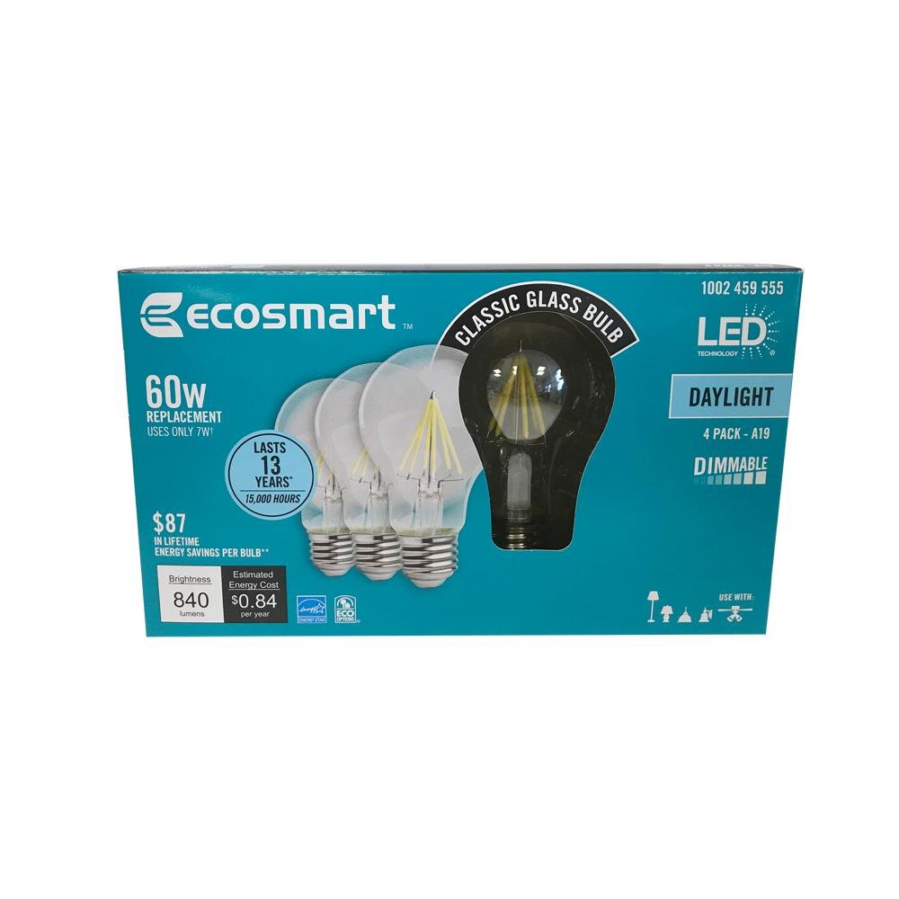 EcoSmart 60W LED Daylight Vintage A19 Light Bulbs, Clear, 4 Count - Energy Efficient, Long-lasting, Ideal for Home & Office