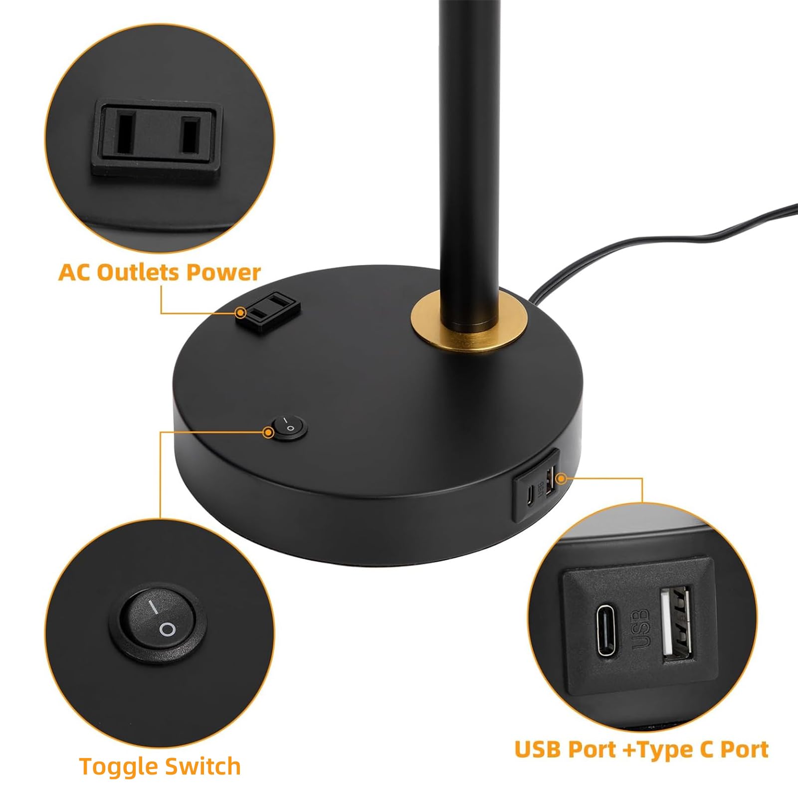 Starstrips Desk Lamp With Usb+Type C Port And Ac Outlet, Table Lamp Adjustable Head Heavy Duty Metal Matte Black Base Modern Bru