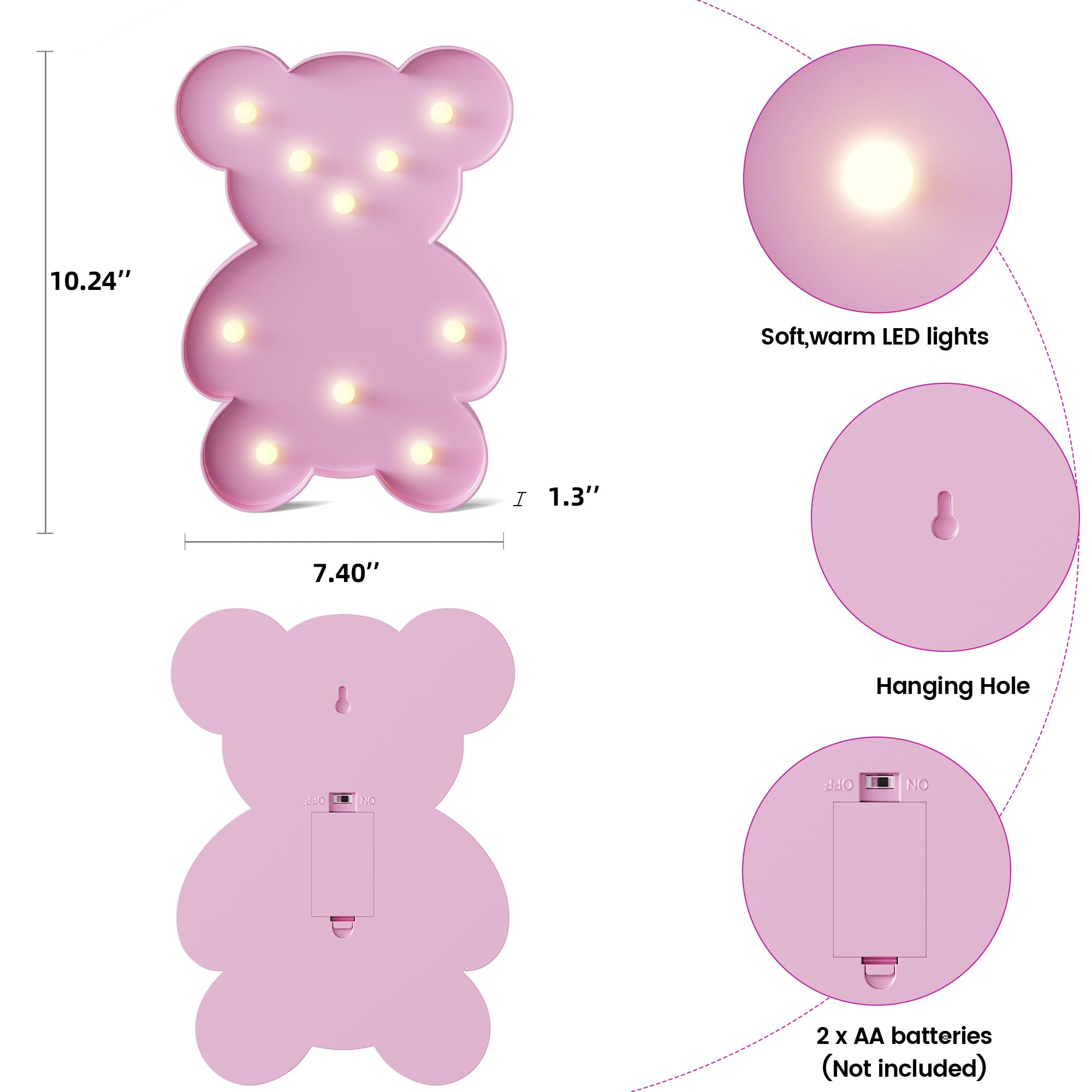 Ganrami Pink Bear Decor, Battery Powered Bear Night Light for Kids, Pink Party Decorations, Baby Night Light for Bedroom, Toddle