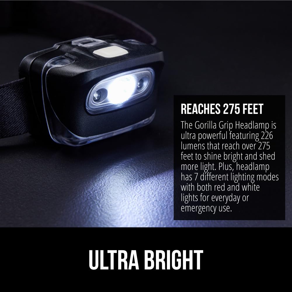 Gorilla Grip Ultra Bright 226 High Lumens Led Head Lamp 2 Pack, 7 Light Modes Water Resistant Ipx4 Headlamp, Lightweight Adjusta