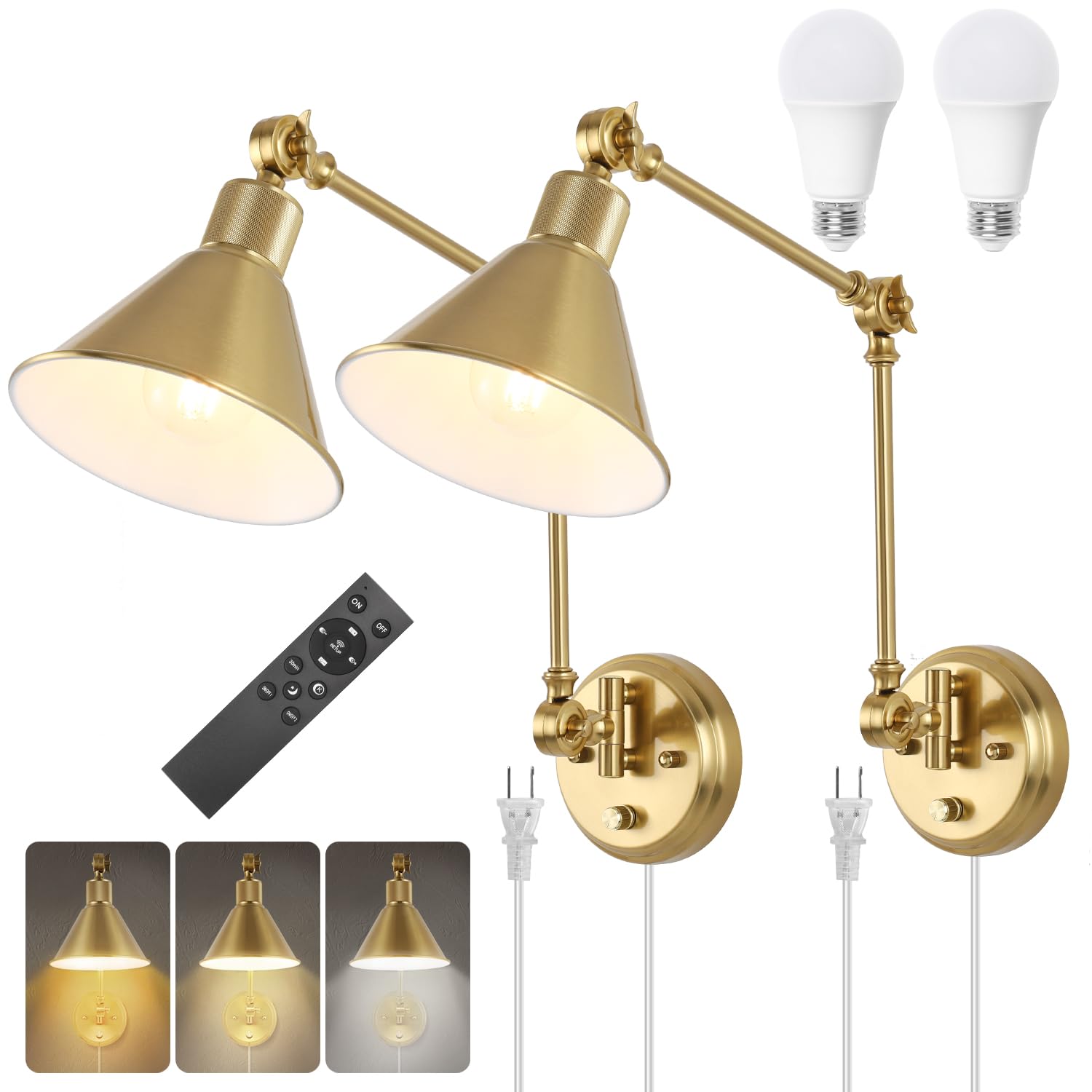 TRLIFE Wall Sconce with Remote Control, Dimmable, Adjustable Color Temp, 2 Pack, Brass, Gold, Model Two-ArmsBr-01-2Re