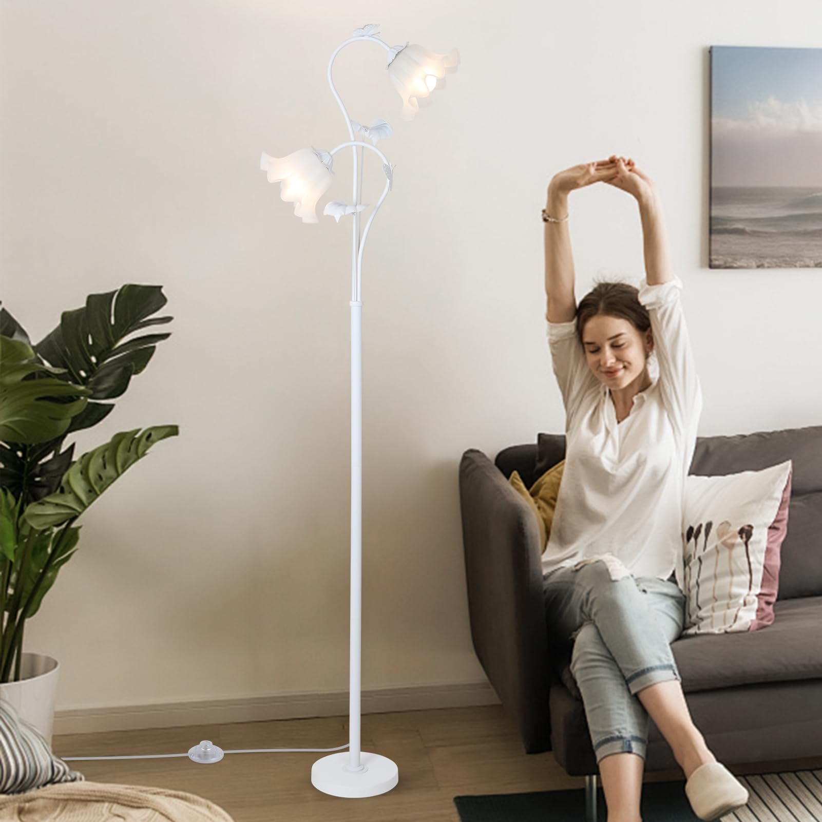 Hmvpl White Flower Standing Lamp, Floral Tall Lamp With 2 Led 5W Blubs, Foot Switch, Modern Corner Floor Lamp With Acrylic Shade