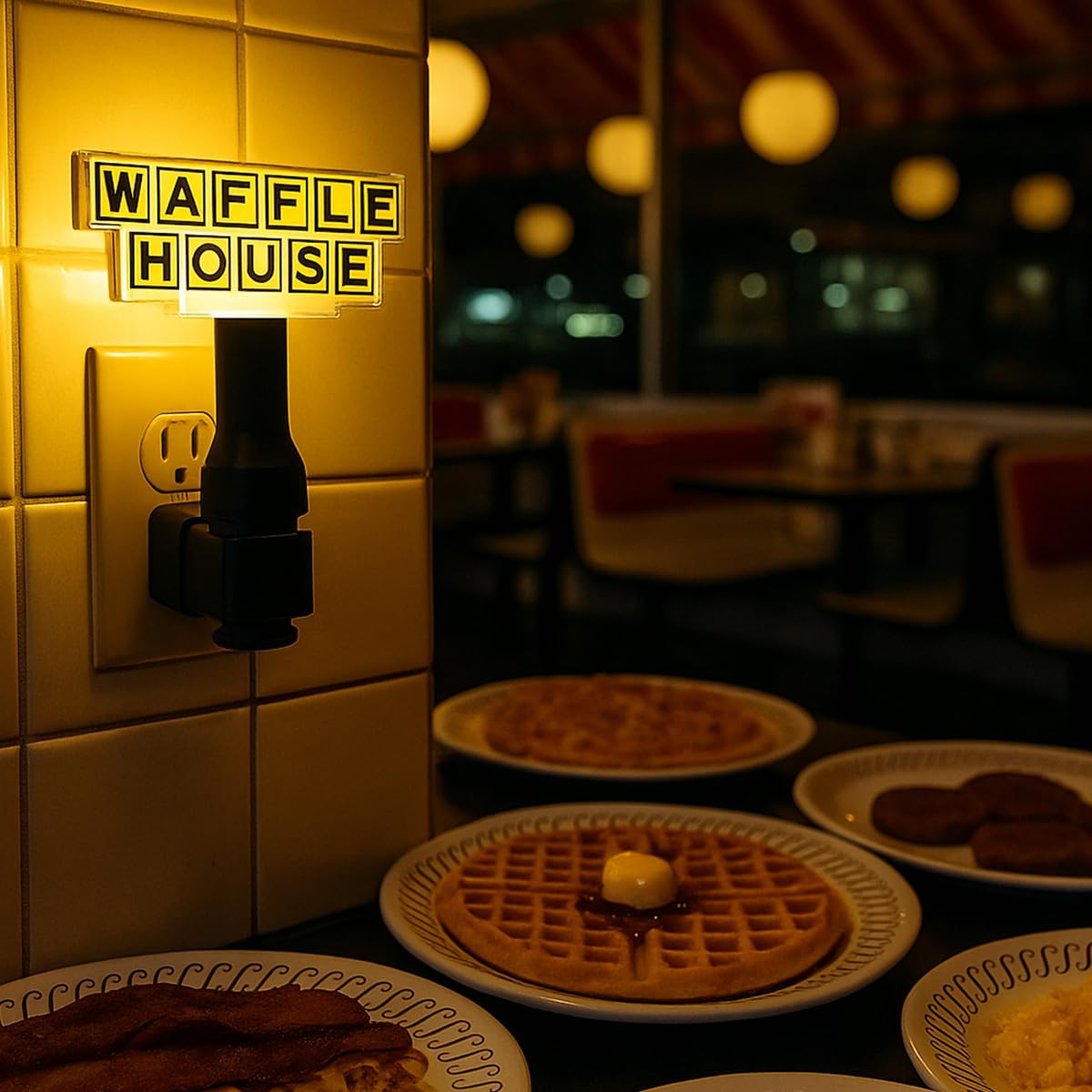 Waffle House Plug-in Night Light - Classic Logo Glow Inspired by The Iconic Restaurant for Hallways, Bedrooms & Retro-Waffle Lov